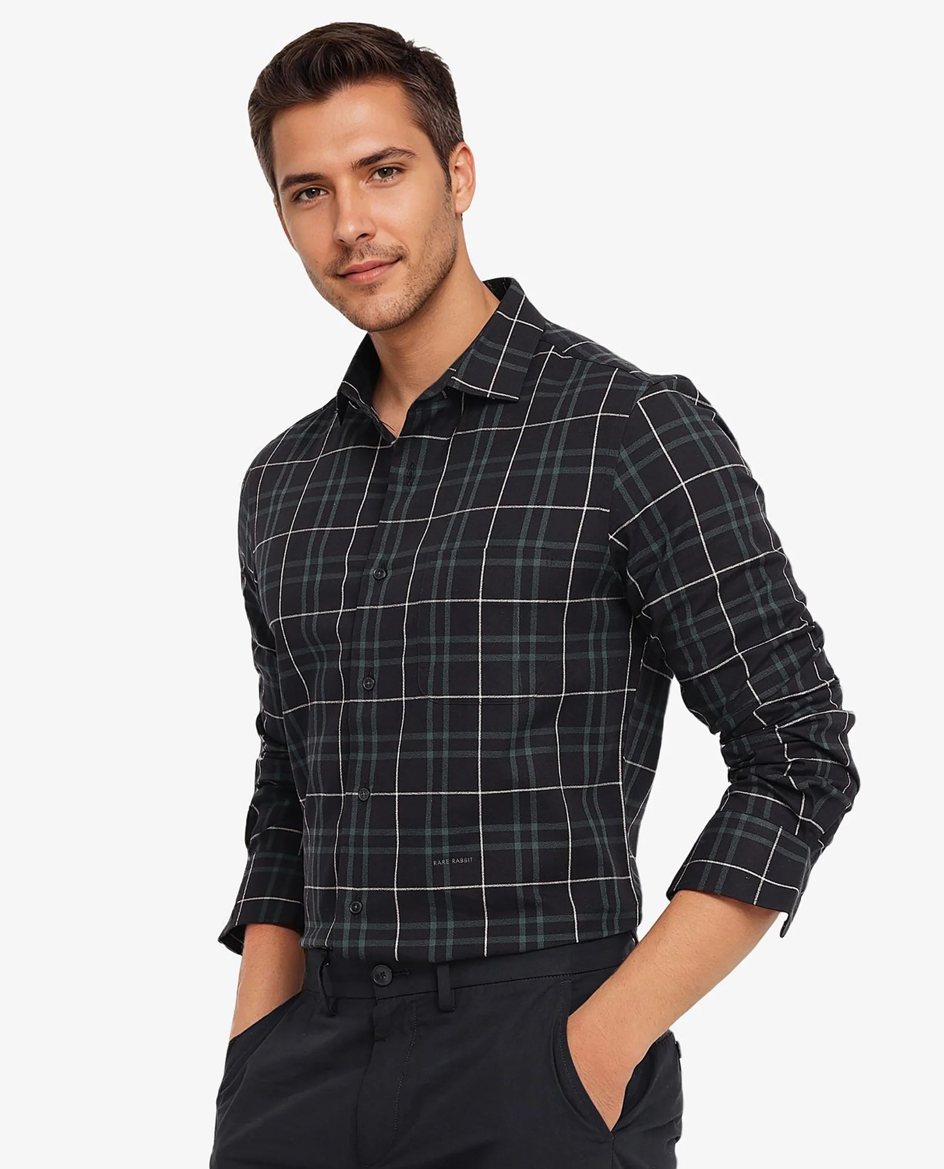Rare Rabbit Men Droline Black Full Sleeve Regular Collar Button Closure Regular Fit Checks Shirt