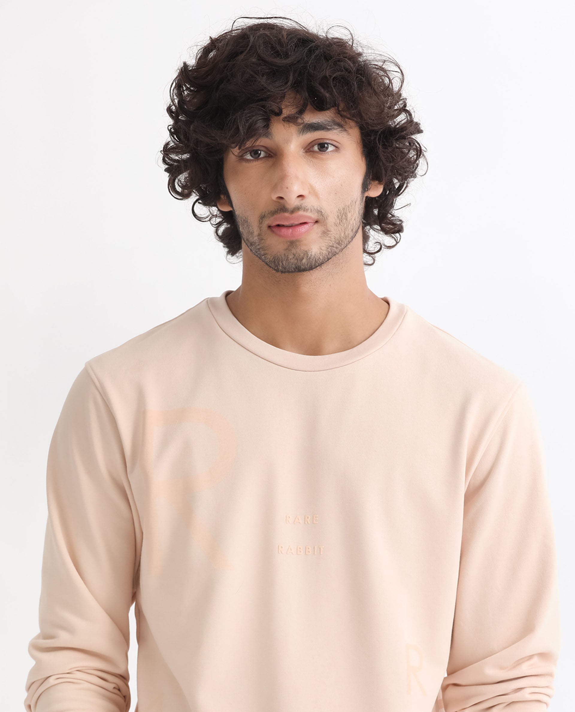 Rare Rabbit Men's Drovie Beige Cotton Polyester Fabric Full Sleeves Graphic Printed Logo Knitted Sweatshirt