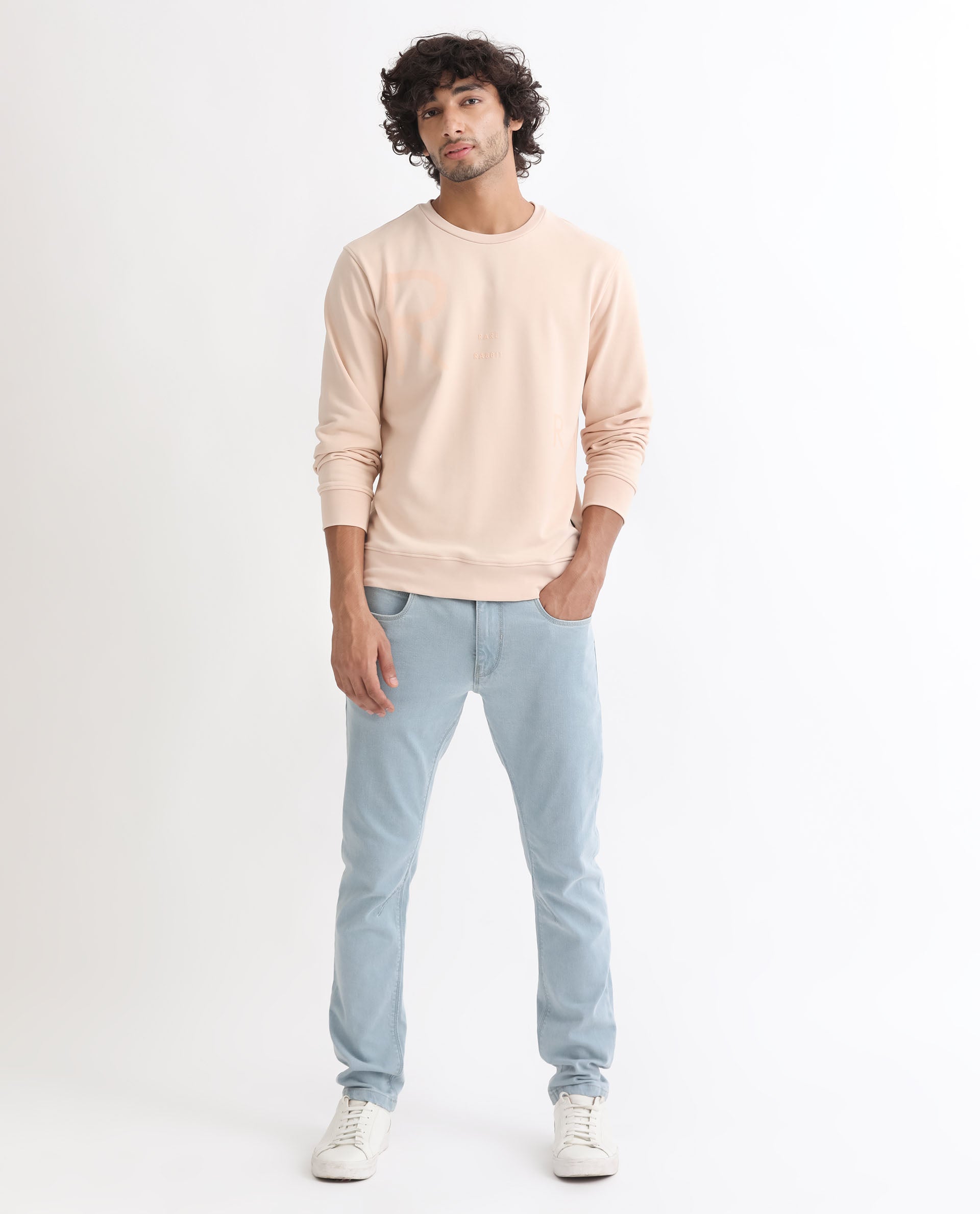 Rare Rabbit Men's Drovie Beige Cotton Polyester Fabric Full Sleeves Graphic Printed Logo Knitted Sweatshirt