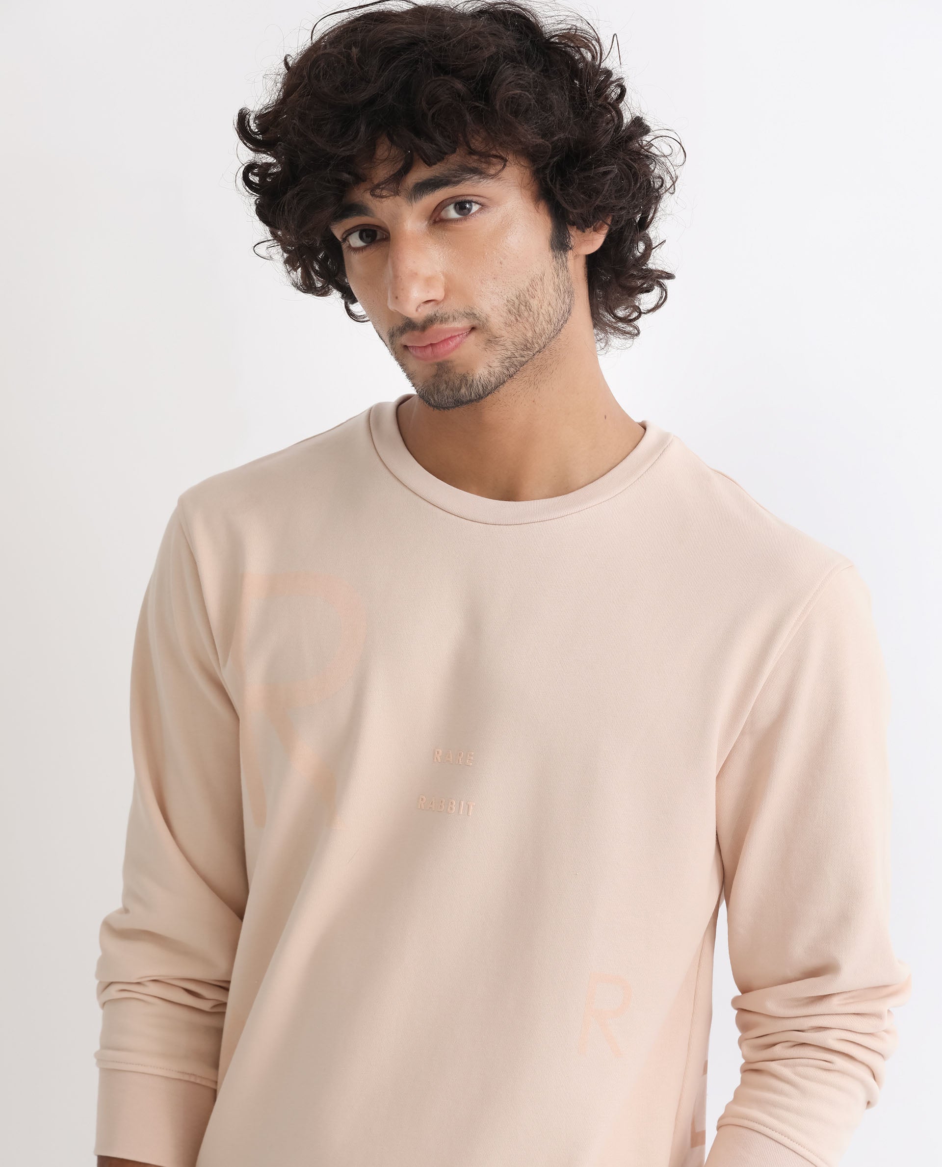 Rare Rabbit Men's Drovie Beige Cotton Polyester Fabric Full Sleeves Graphic Printed Logo Knitted Sweatshirt