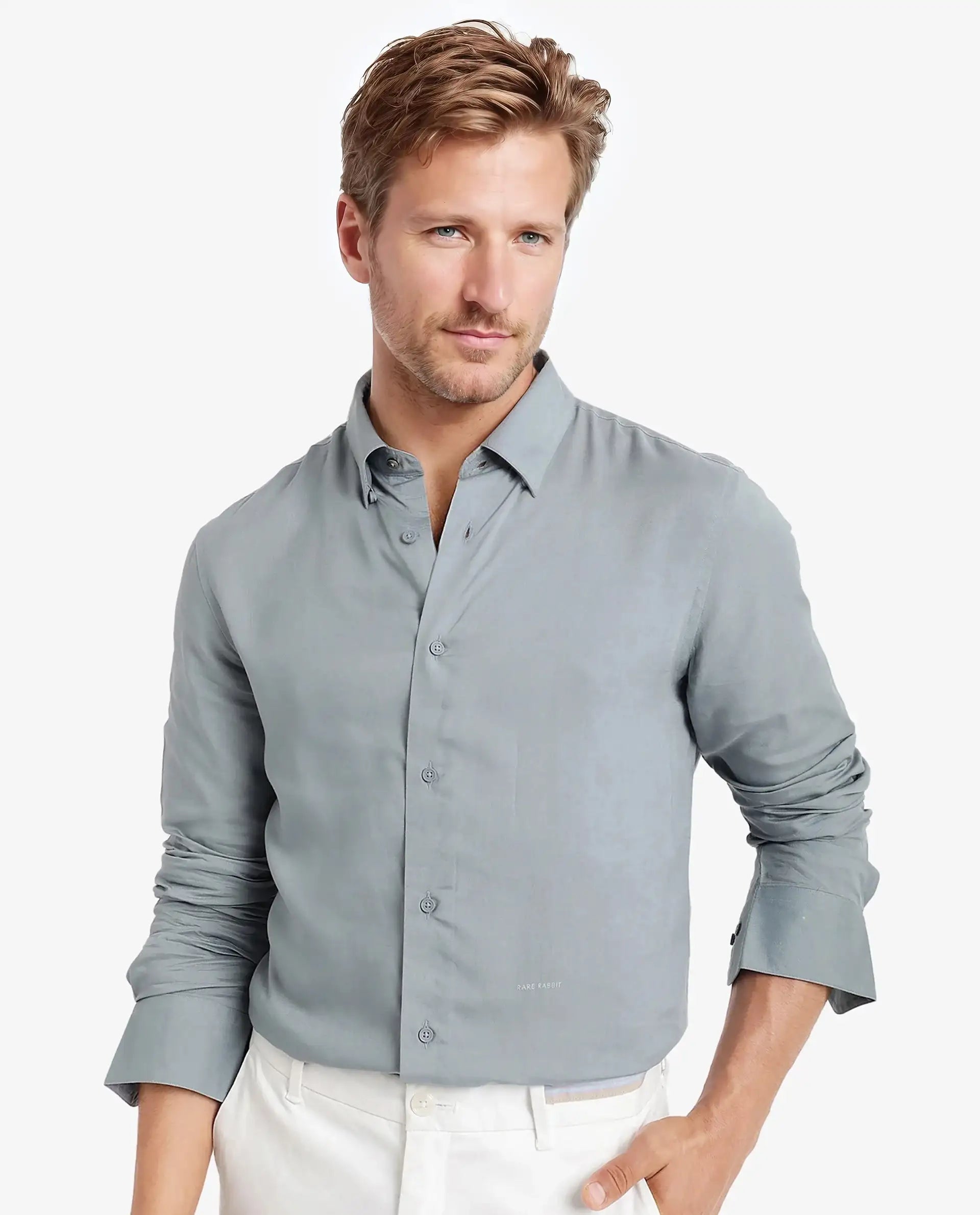 Rare Rabbit Men Dub Dusky Blue Cotton Fabric Full Sleeve Regular Collar Regular Fit Plain Shirt