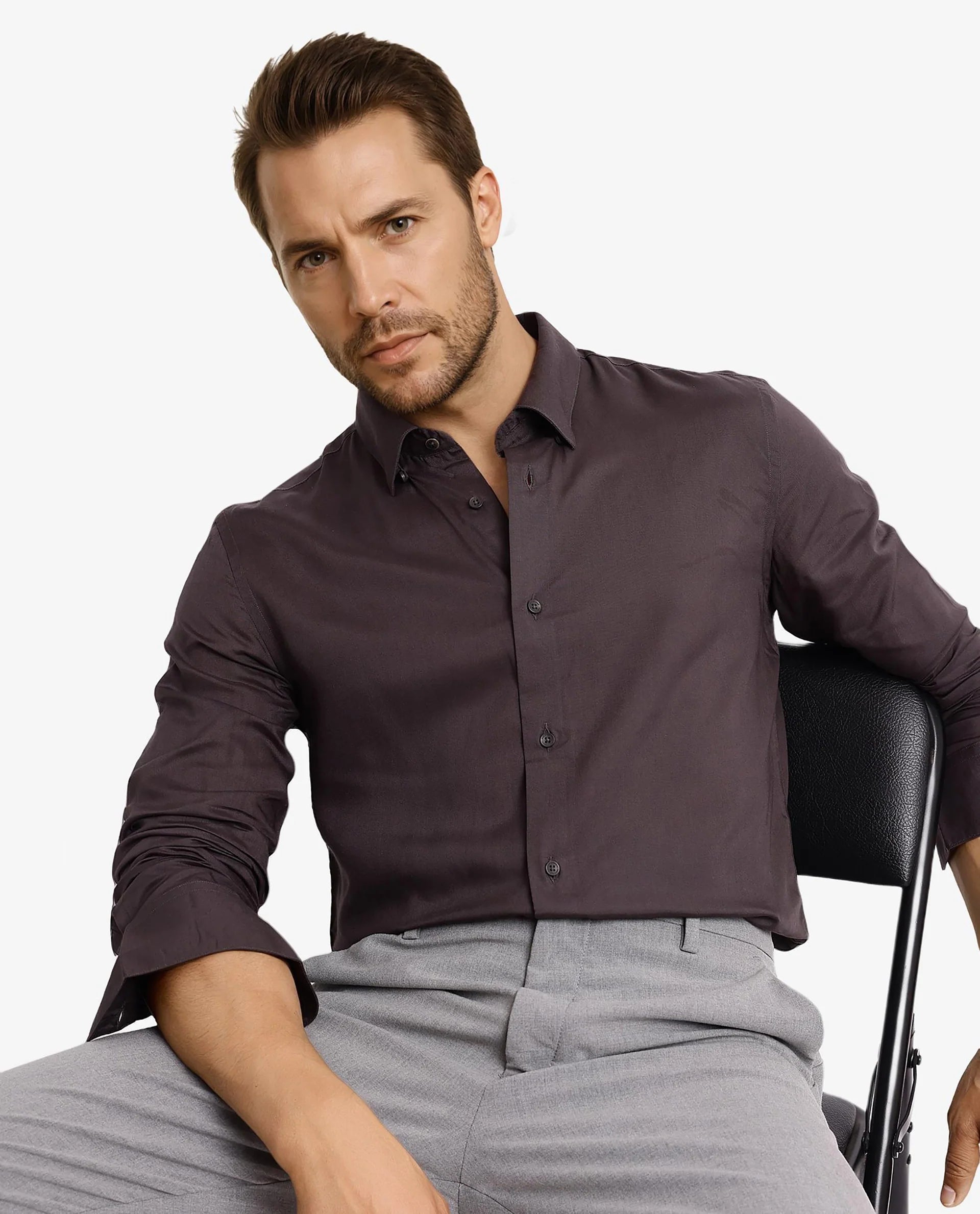 Rare Rabbit Men Dub Grey Cotton Fabric Full Sleeve Regular Collar Regular Fit Plain Shirt