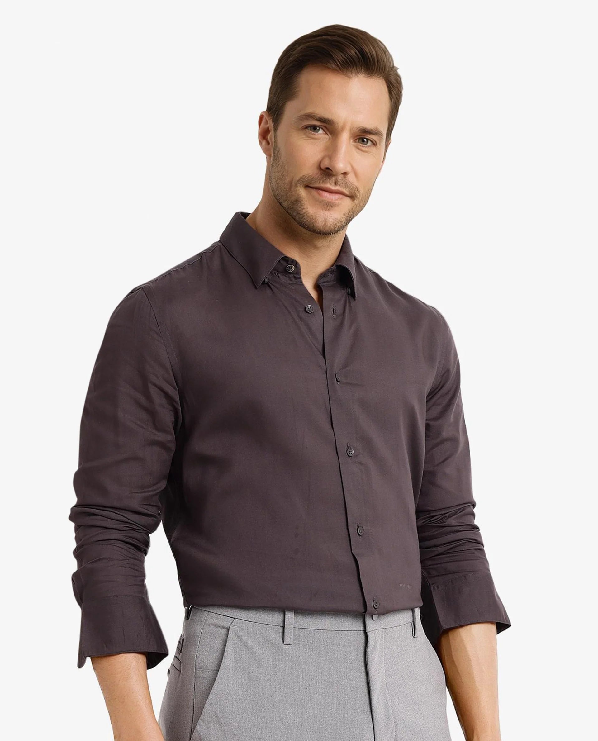 Rare Rabbit Men Dub Grey Cotton Fabric Full Sleeve Regular Collar Regular Fit Plain Shirt