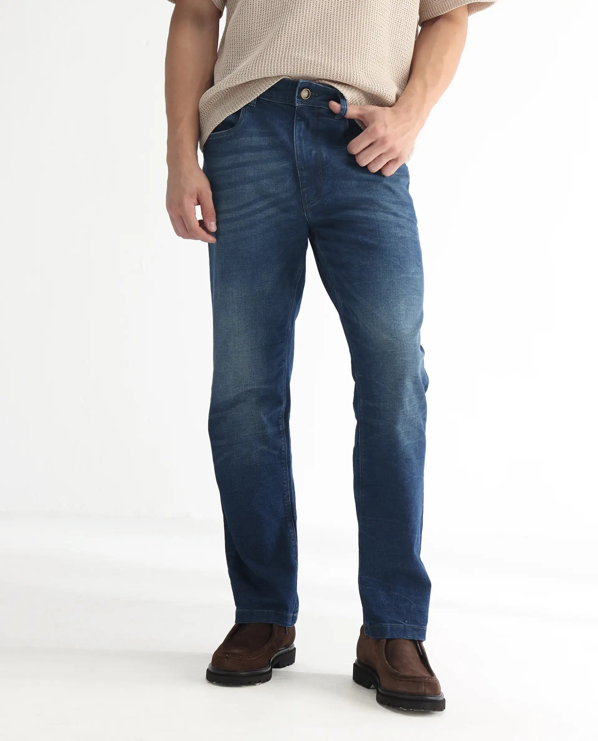 Rare Rabbit Men's Dunker Navy Cotton Plain Hawk Slim Fit Jeans