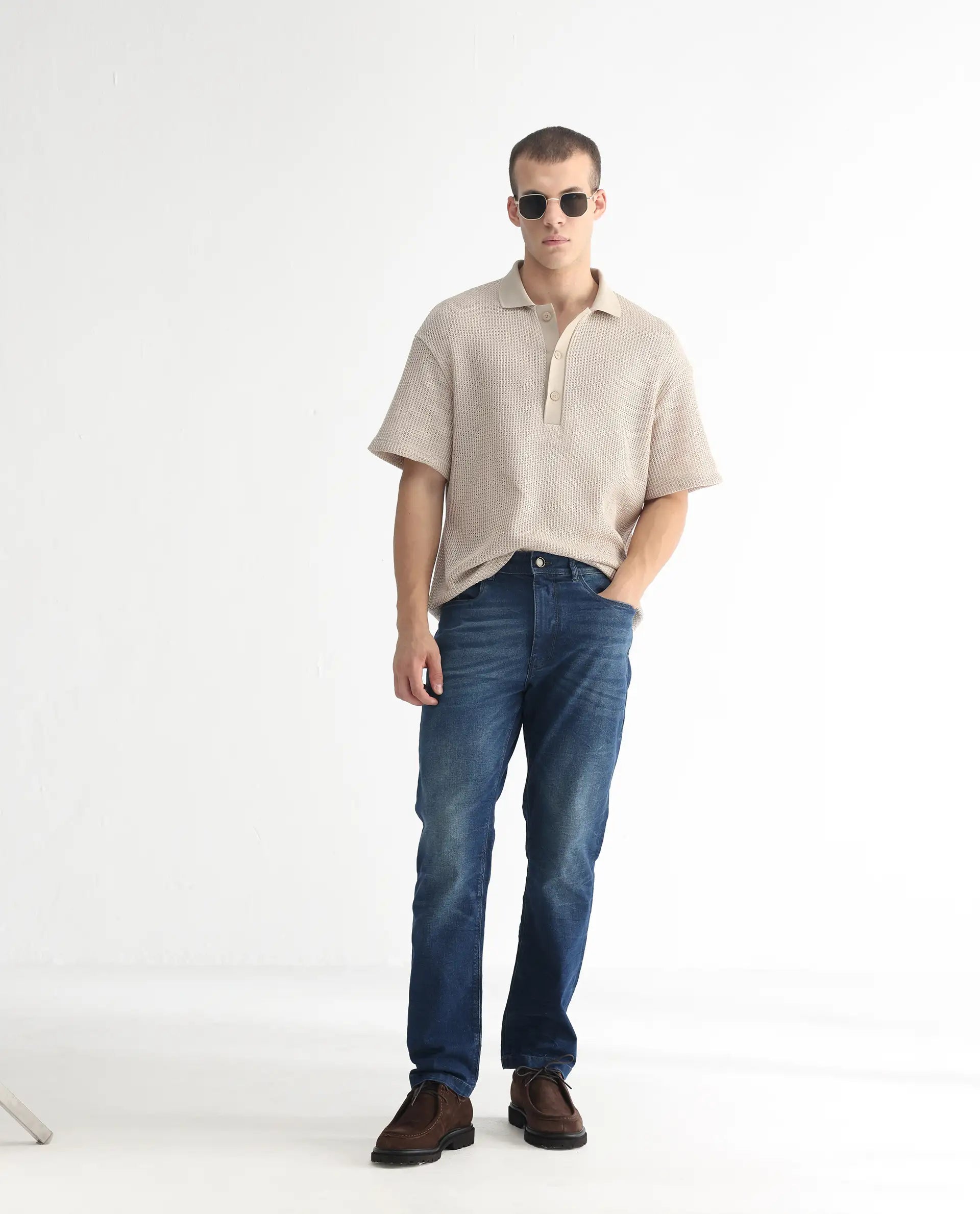 Rare Rabbit Men's Dunker Navy Cotton Plain Hawk Slim Fit Jeans