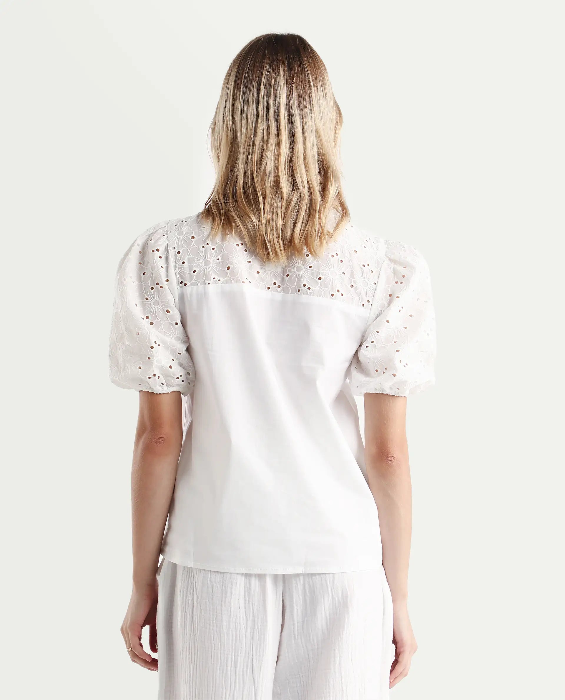 Rareism Women's Dunzon White Cotton Sweetheart Neck Plain Puff Sleeves Regular Fit Top