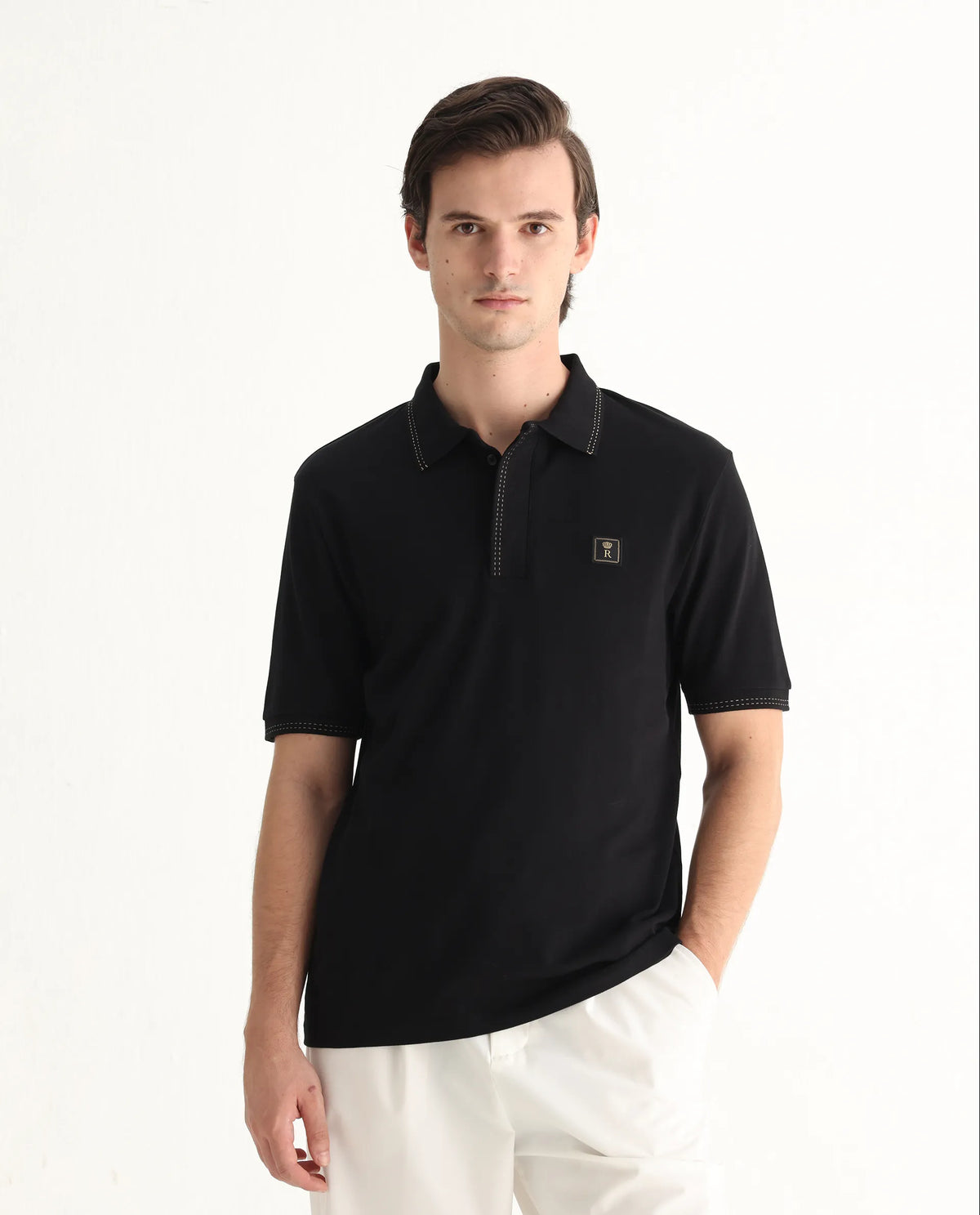 Rare Rabbit Men's Dylan Black Cotton Blend Plain Regular Fit Half Sleeve Polo