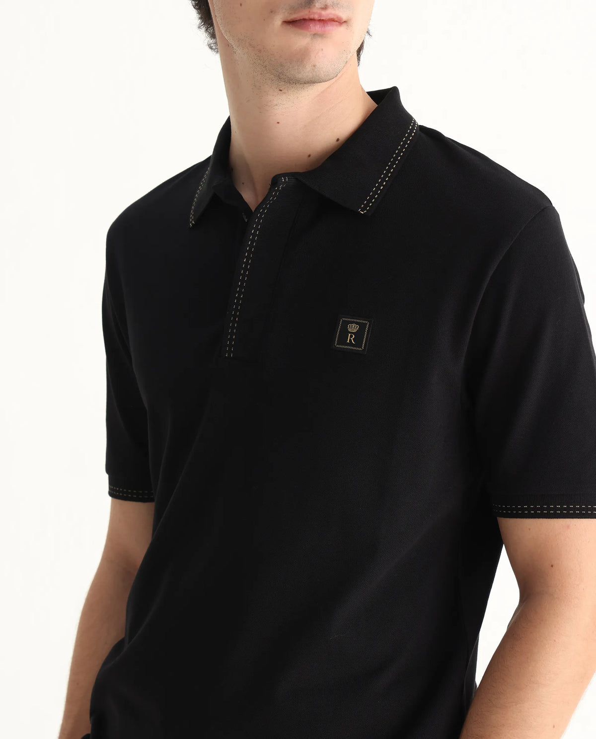 Rare Rabbit Men's Dylan Black Cotton Blend Plain Regular Fit Half Sleeve Polo