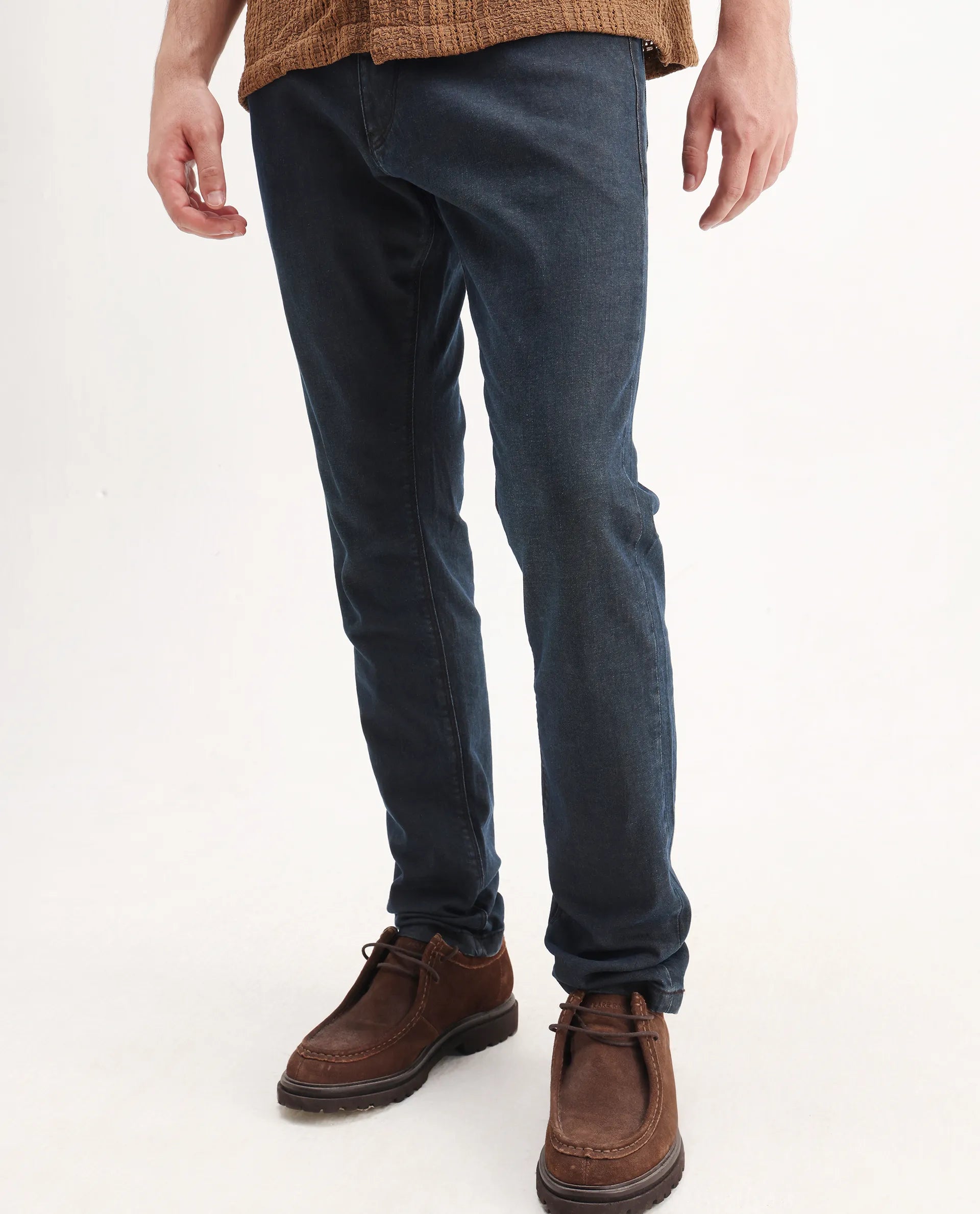 Rare Rabbit Men's Earth-2 Navy Cotton Plain Hawk Slim Fit Jeans