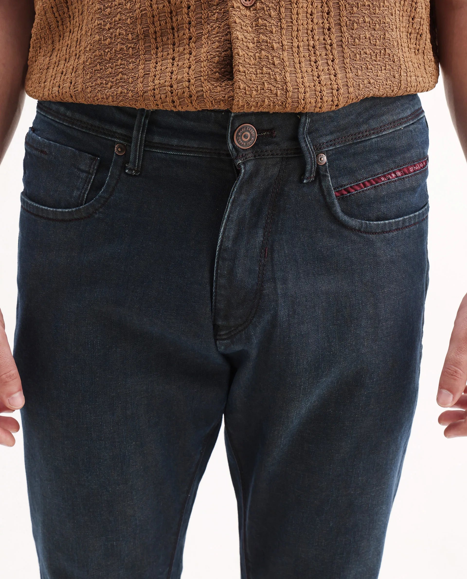 Rare Rabbit Men's Earth-2 Navy Cotton Plain Hawk Slim Fit Jeans