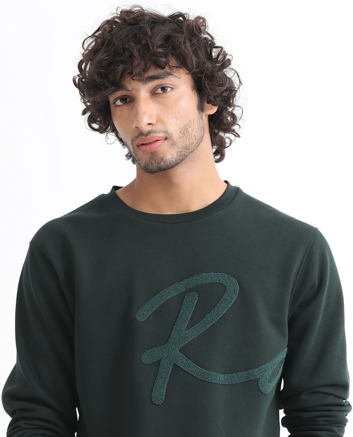 Rare Rabbit Men's East Dark Green Cotton Polyester Fabric Full Sleeves Towel Embroidery Branding Sweatshirt