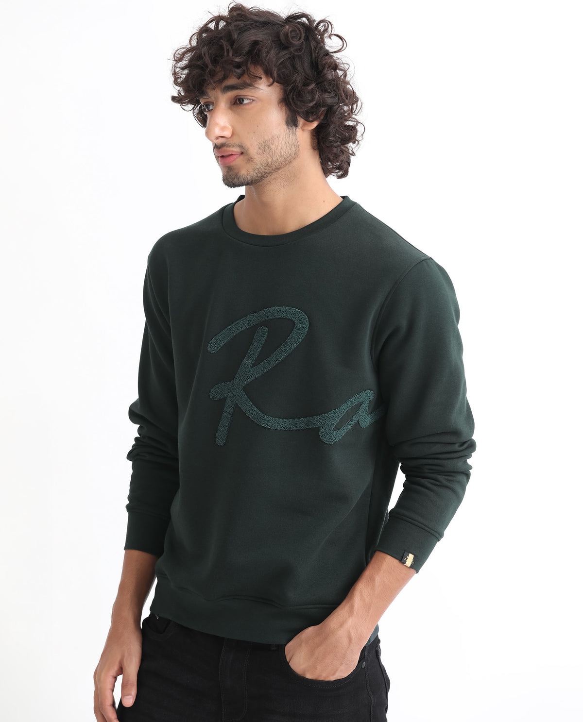 Rare Rabbit Men's East Dark Green Cotton Polyester Fabric Full Sleeves Towel Embroidery Branding Sweatshirt