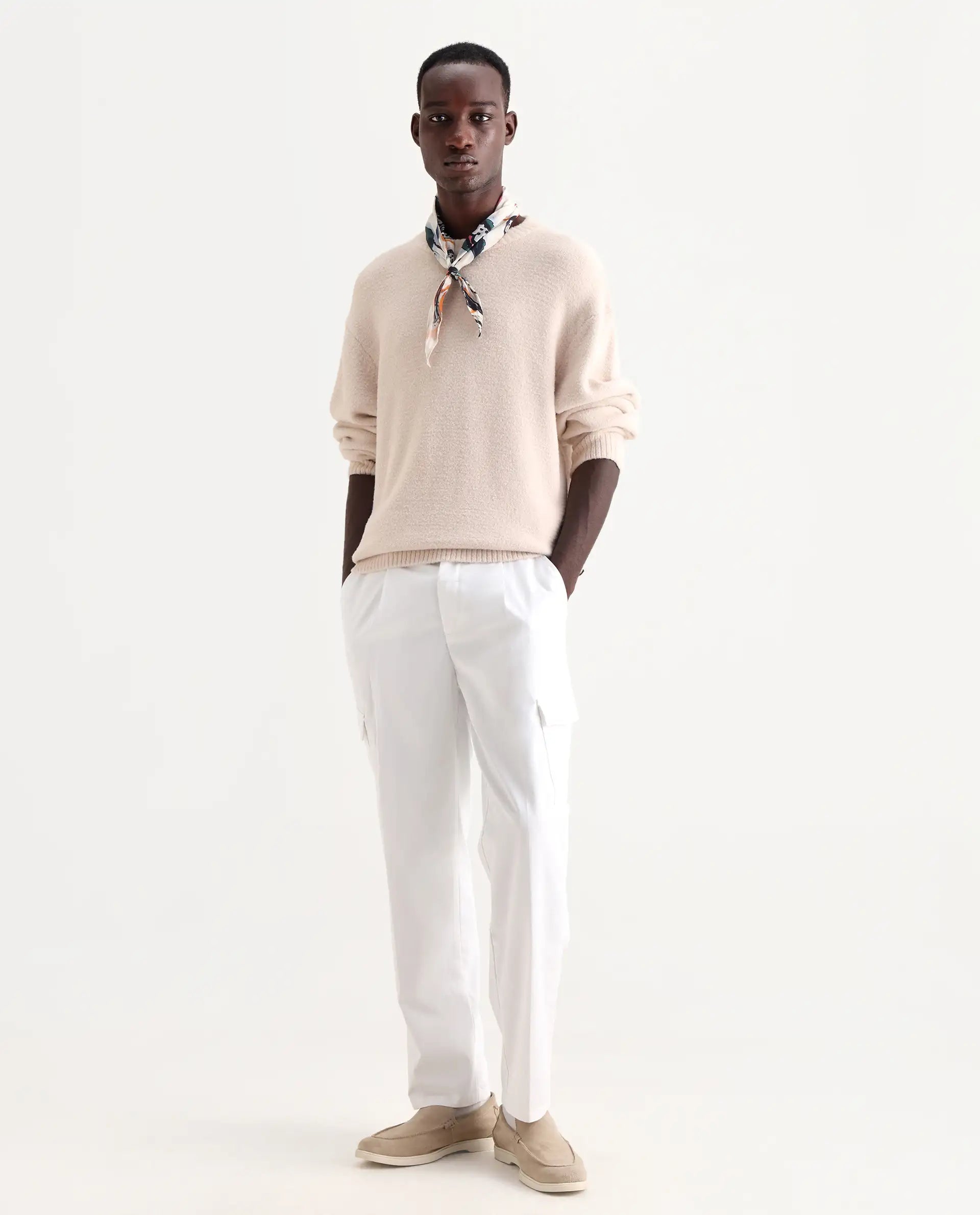 Rare Rabbit Men's Eber White Cotton Plain Regular Fit Trouser