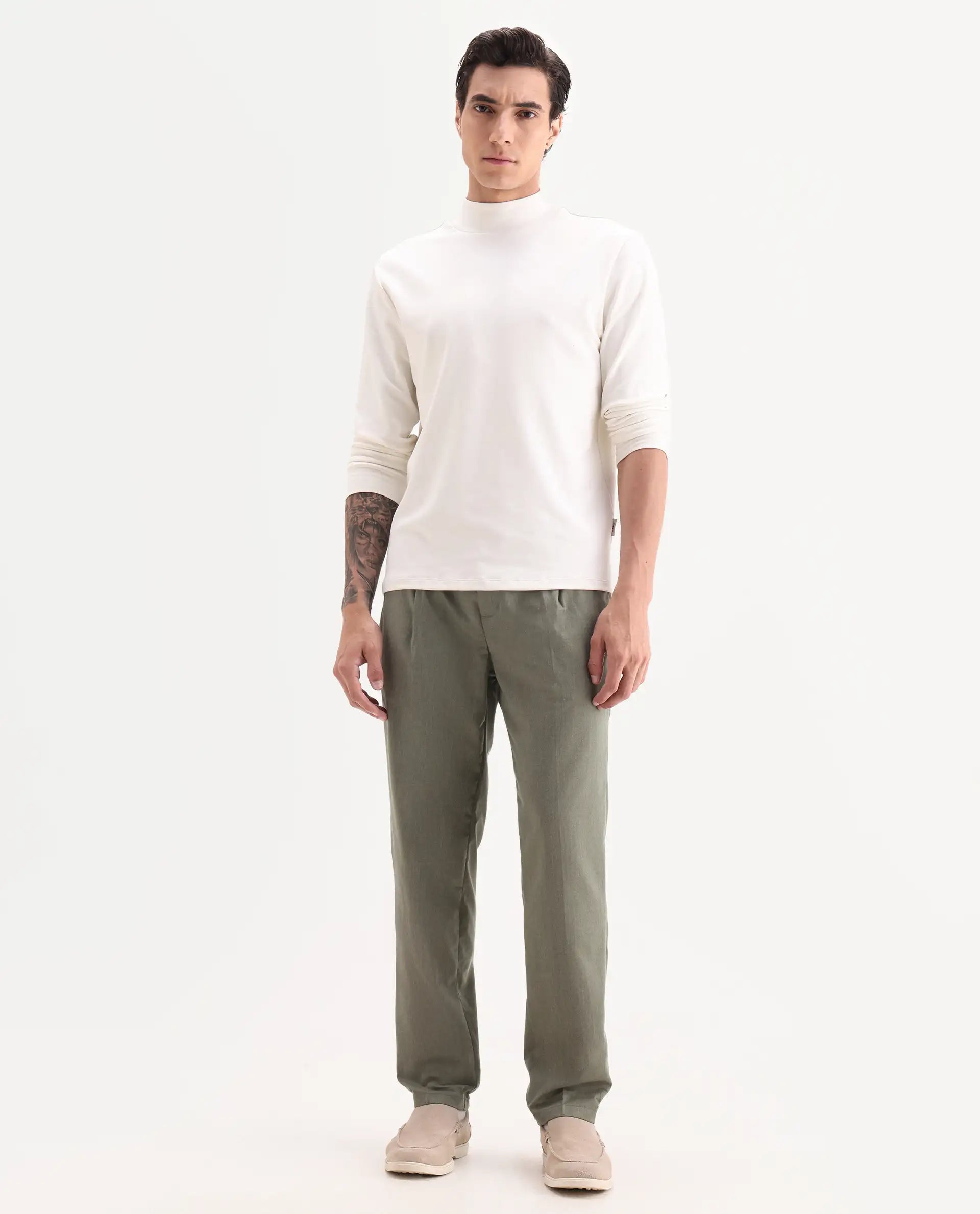 Rare Rabbit Men's Echo Light Olive Cotton Plain Regular Fit Trouser
