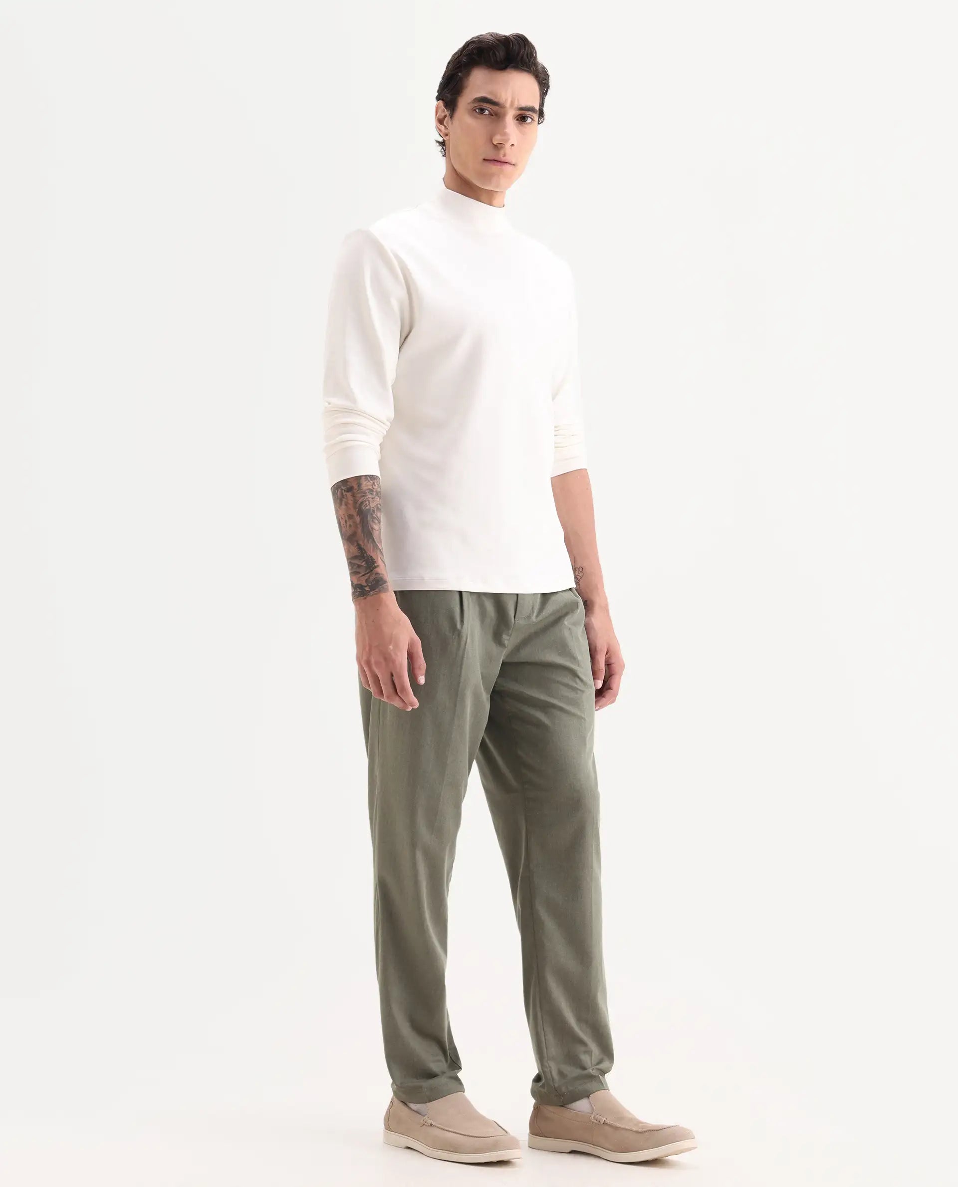 Rare Rabbit Men's Echo Light Olive Cotton Plain Regular Fit Trouser