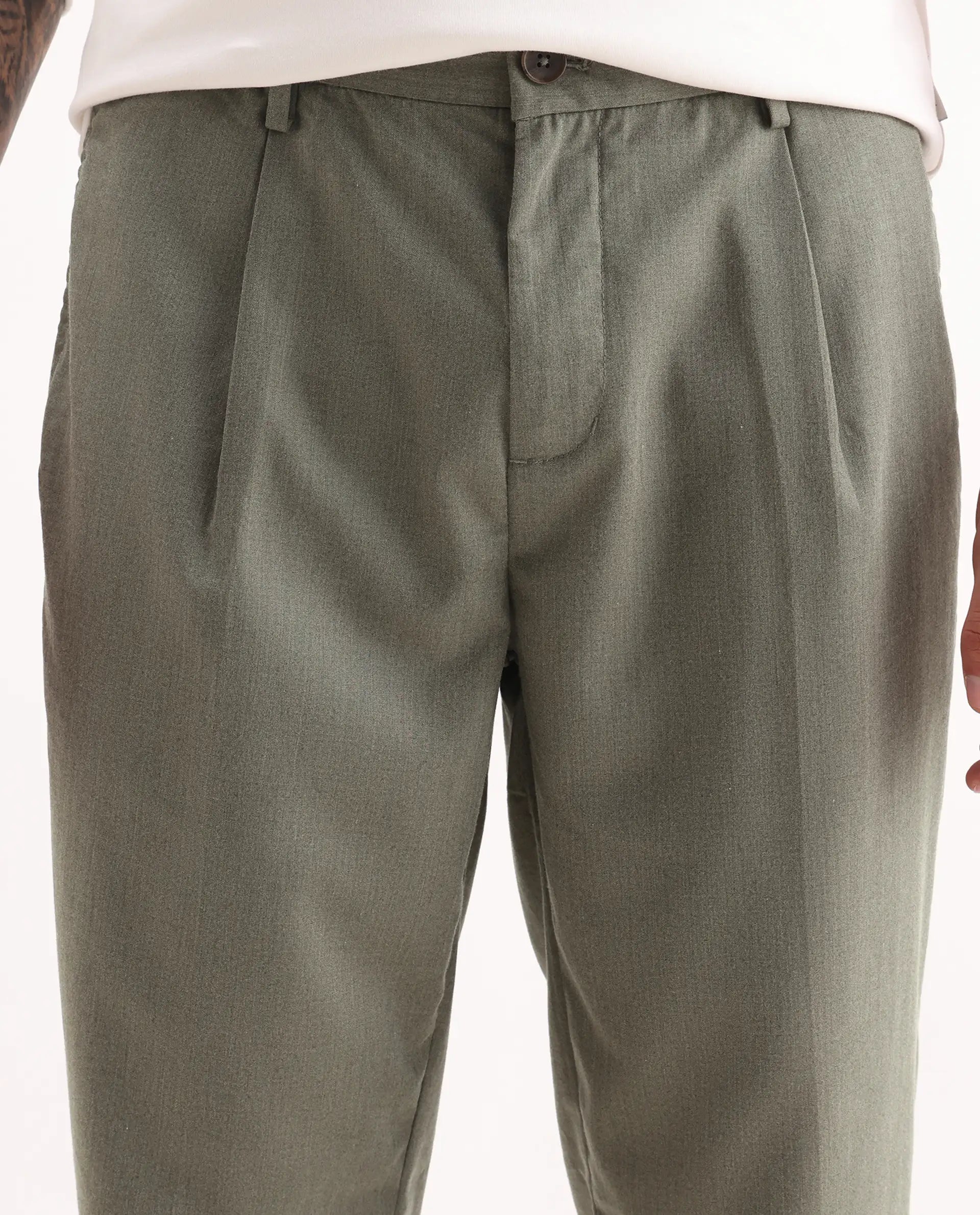 Rare Rabbit Men's Echo Light Olive Cotton Plain Regular Fit Trouser