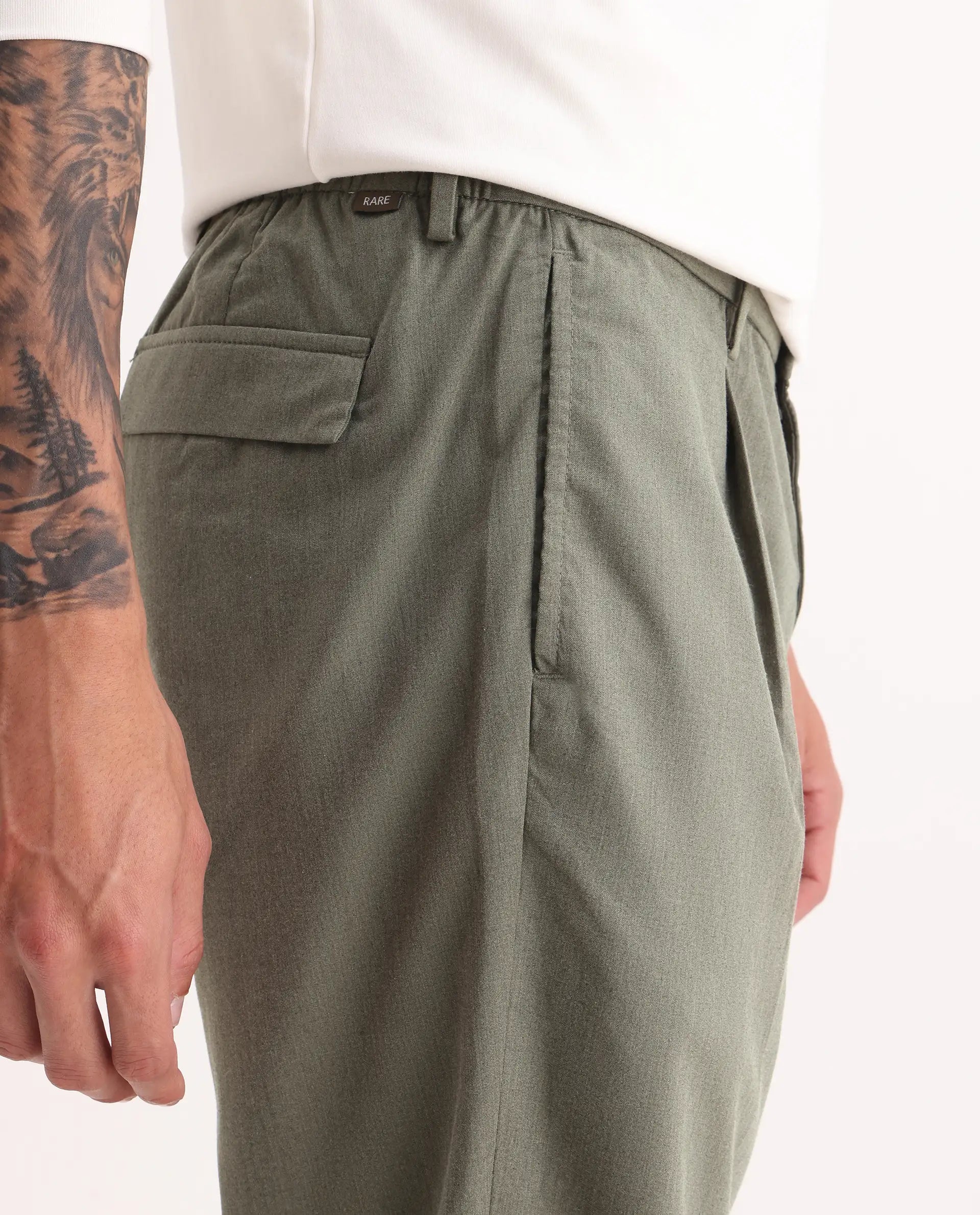 Rare Rabbit Men's Echo Light Olive Cotton Plain Regular Fit Trouser