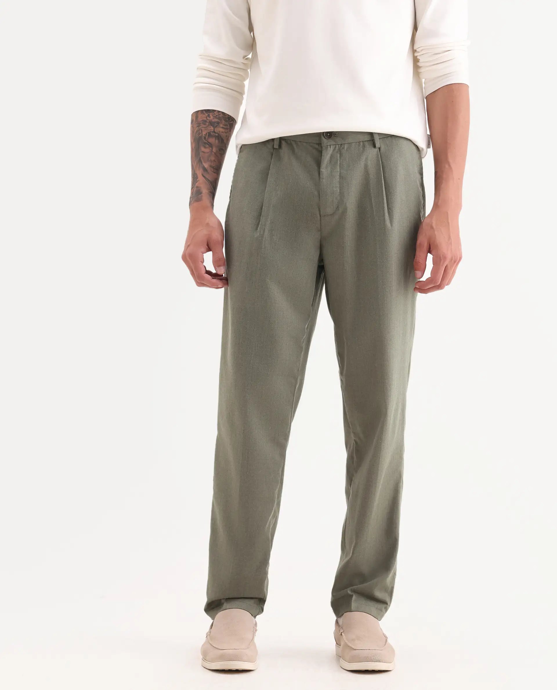 Rare Rabbit Men's Echo Light Olive Cotton Plain Regular Fit Trouser