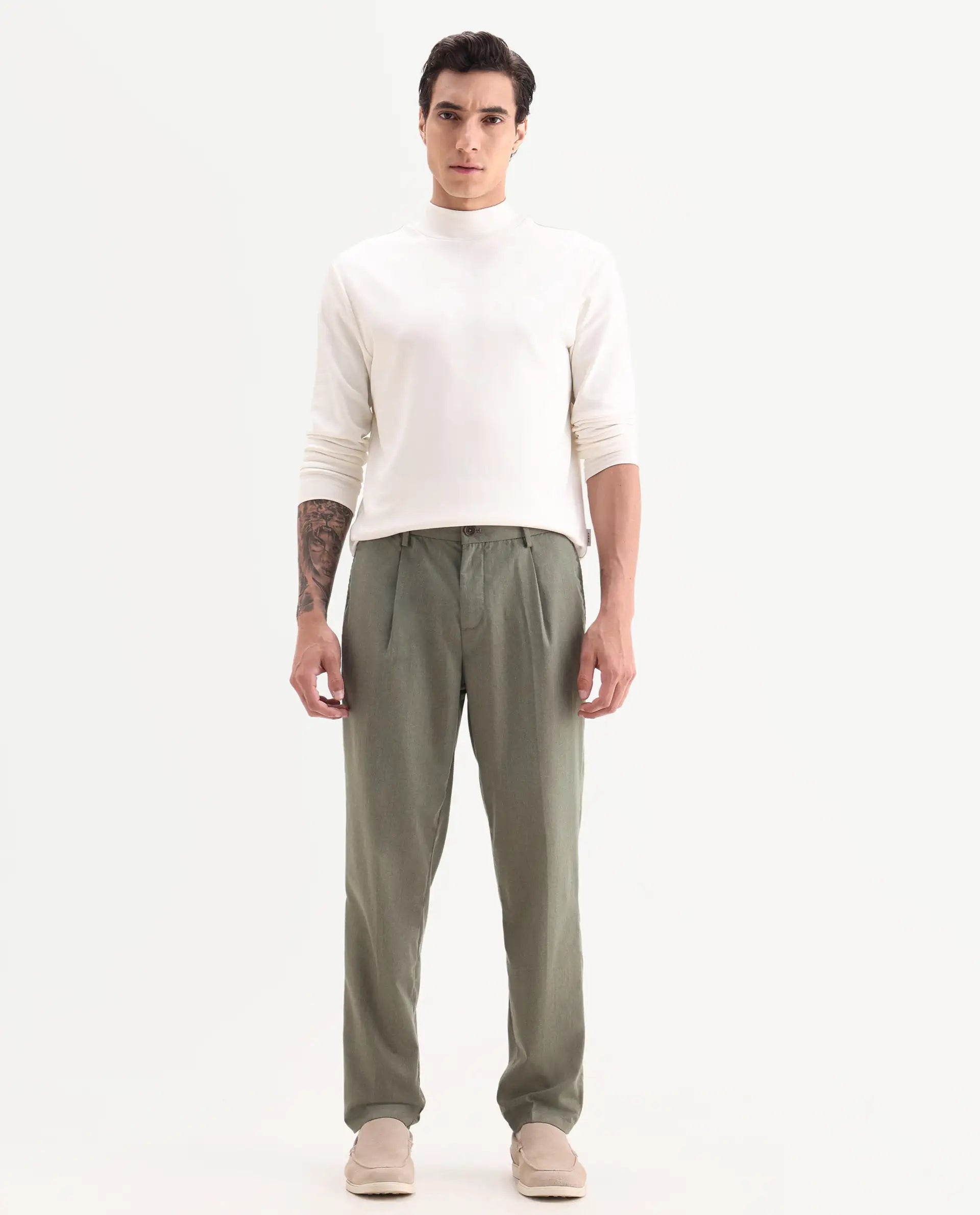 Rare Rabbit Men's Echo Light Olive Cotton Plain Regular Fit Trouser