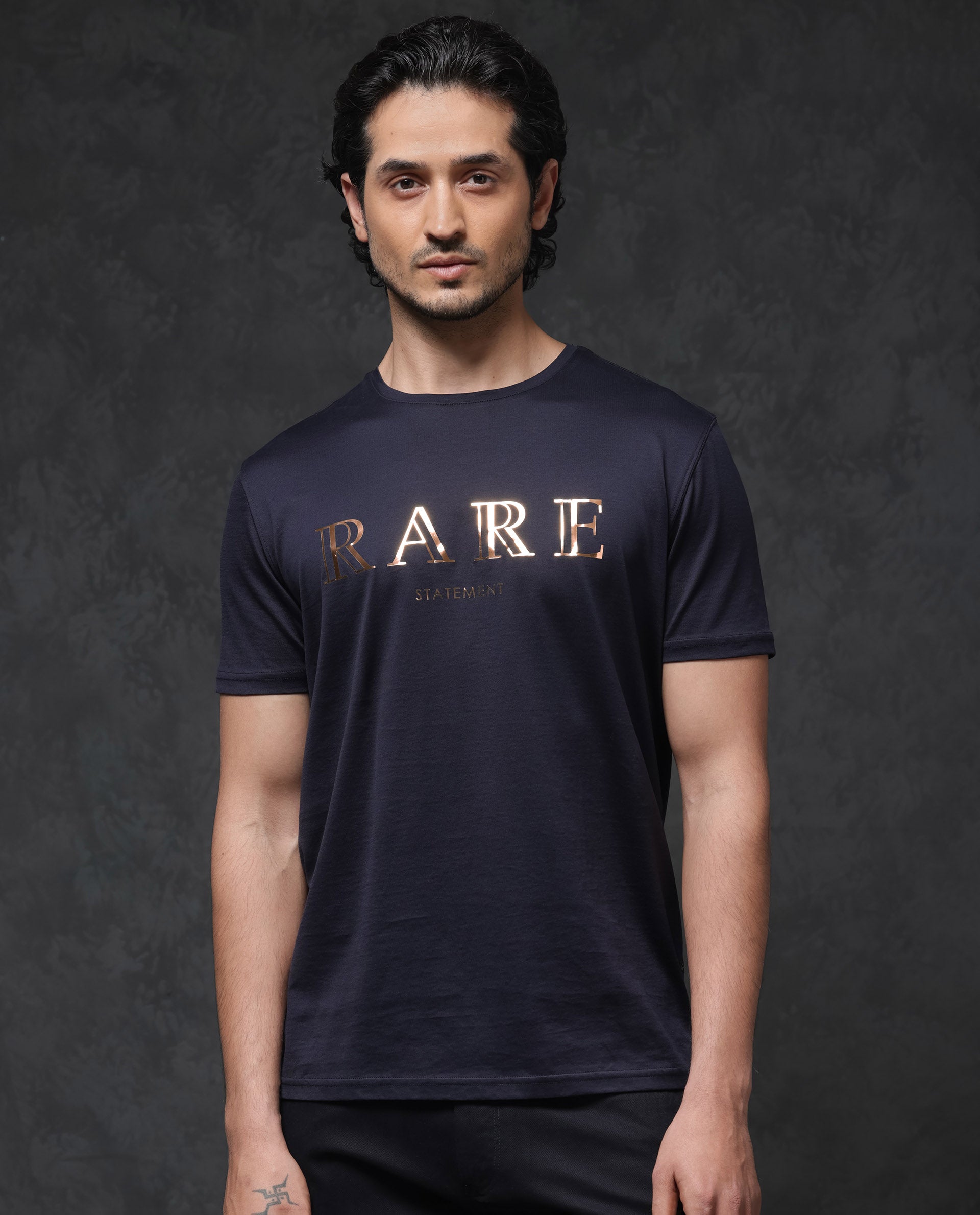 Rare Rabbit Mens Echon Navy Mercerised Cotton Short Sleeve Graphic Print T-Shirt