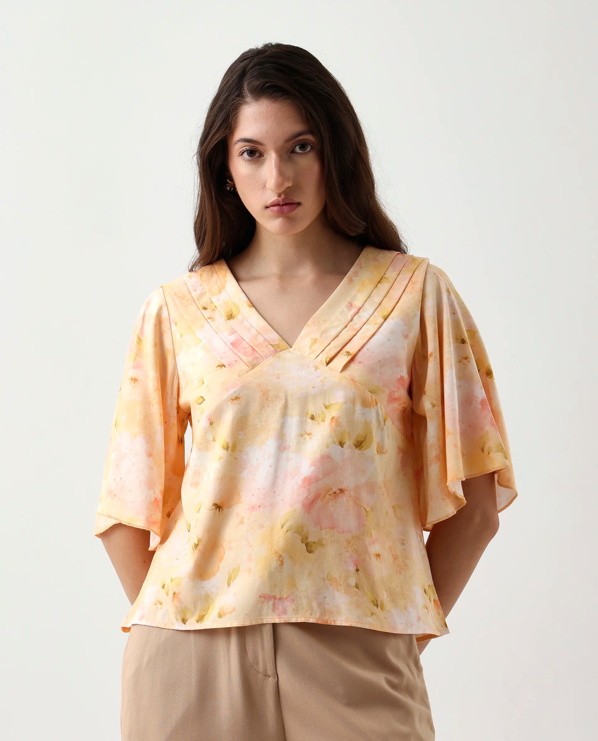 Rareism Women's Elara Yellow Viscose V-Neck Regular Fit Top