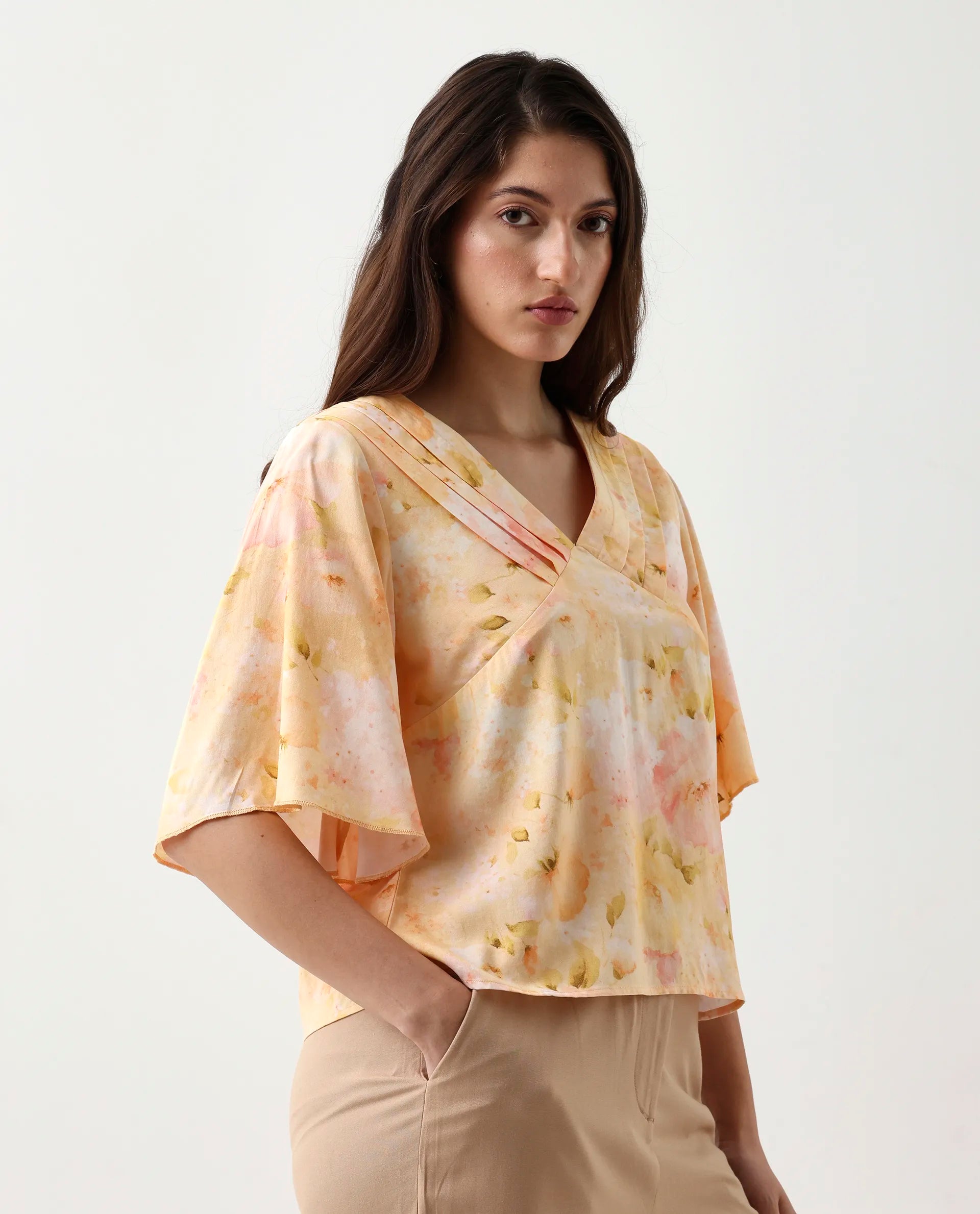 Rareism Women's Elara Yellow Viscose V-Neck Regular Fit Top