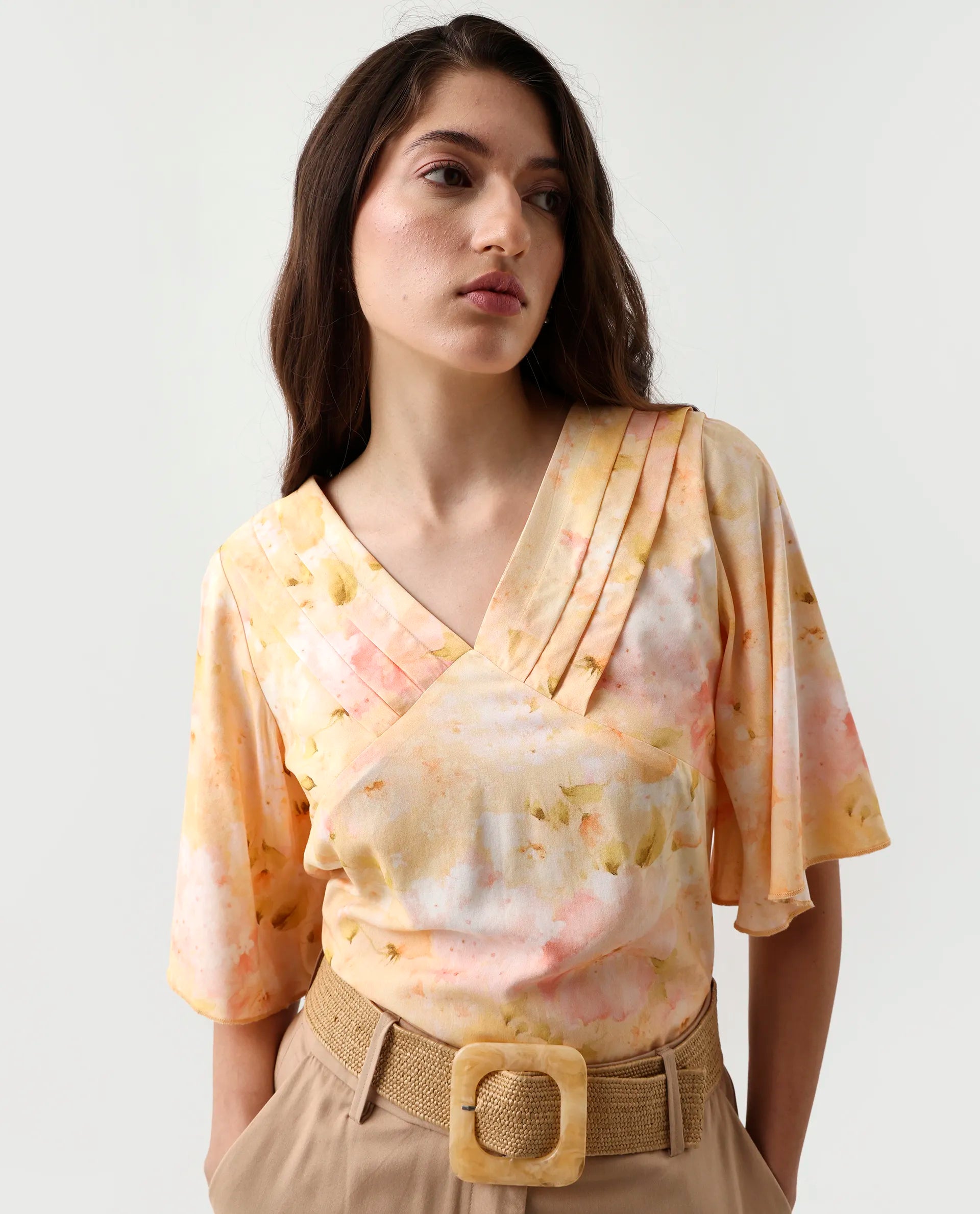 Rareism Women's Elara Yellow Viscose V-Neck Regular Fit Top