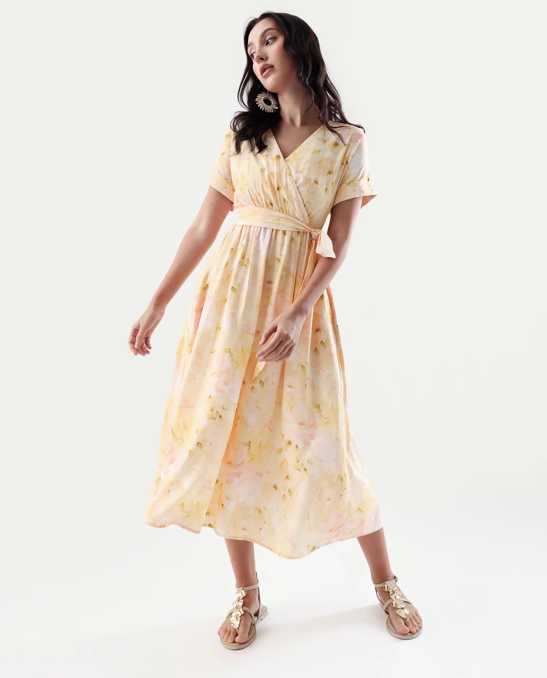 Rareism Women's Elavi Yellow Viscose Overlap Neck Flared Printed Midi Dress