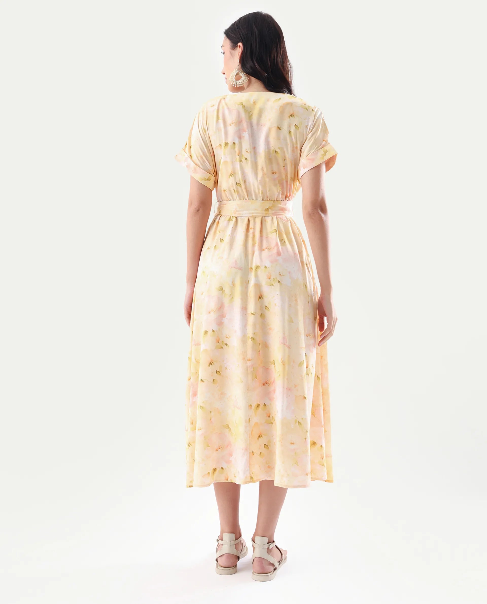 Rareism Women's Elavi Yellow Viscose Overlap Neck Flared Printed Midi Dress