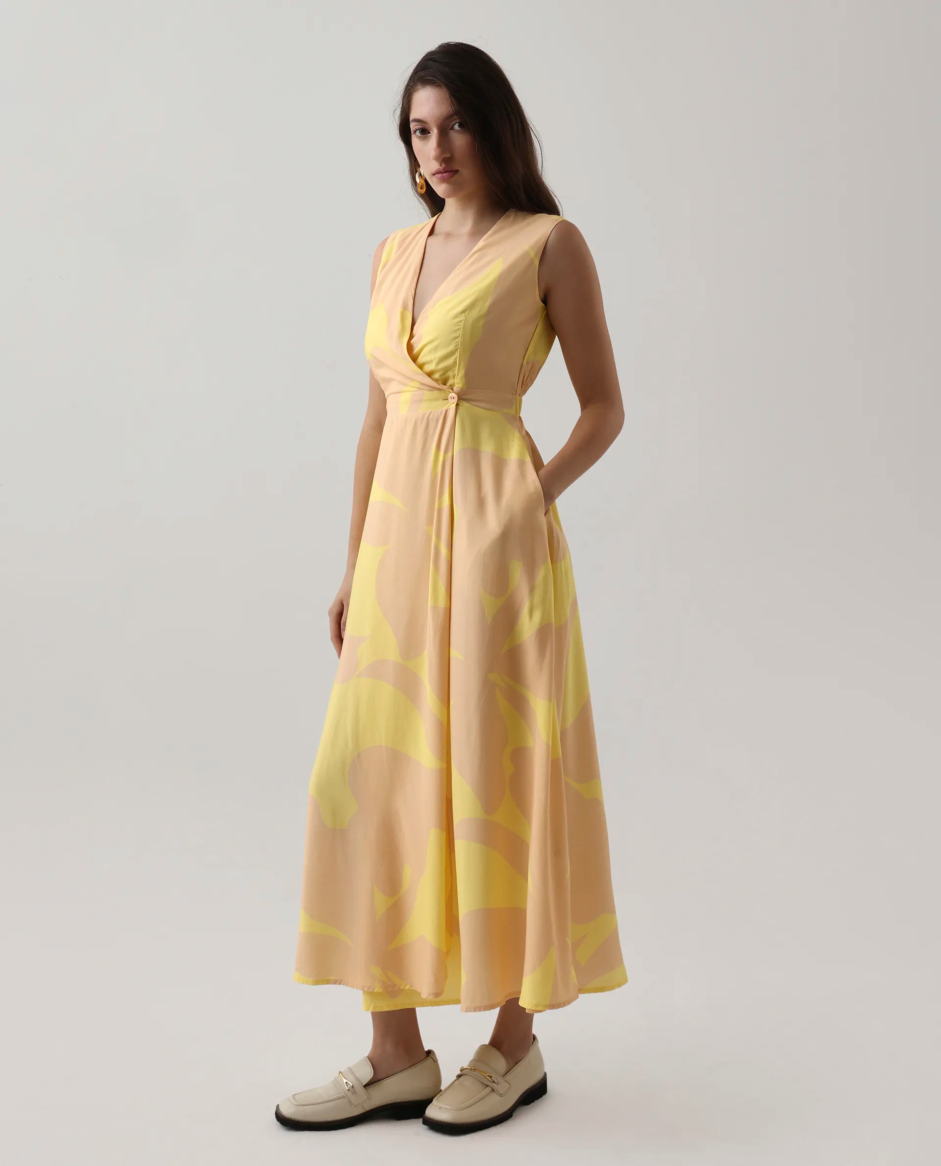 Rareism Women's Elbee Brown Viscose Wrap Neck A-Line Printed Midi Dress