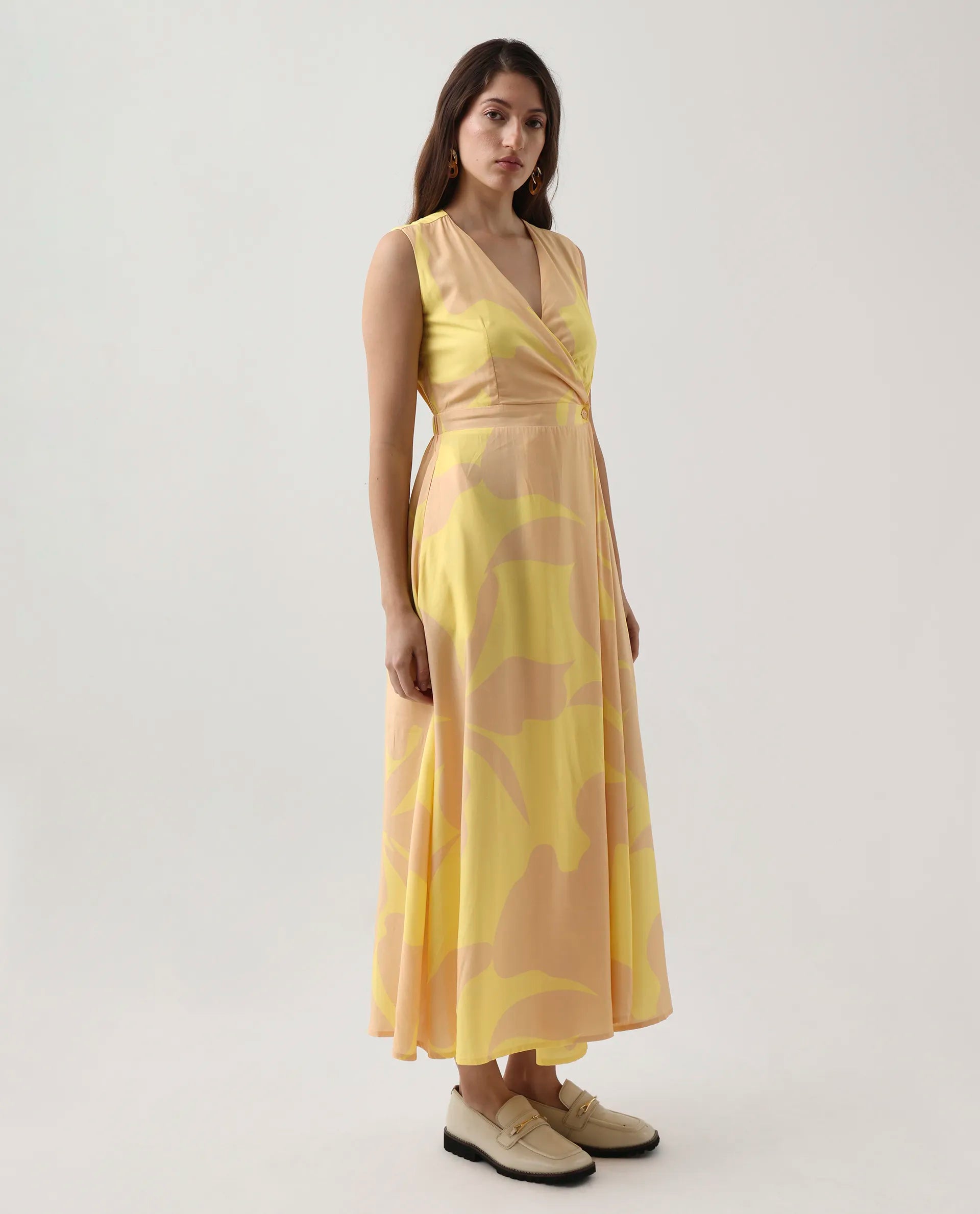 Rareism Women's Elbee Brown Viscose Wrap Neck A-Line Printed Midi Dress