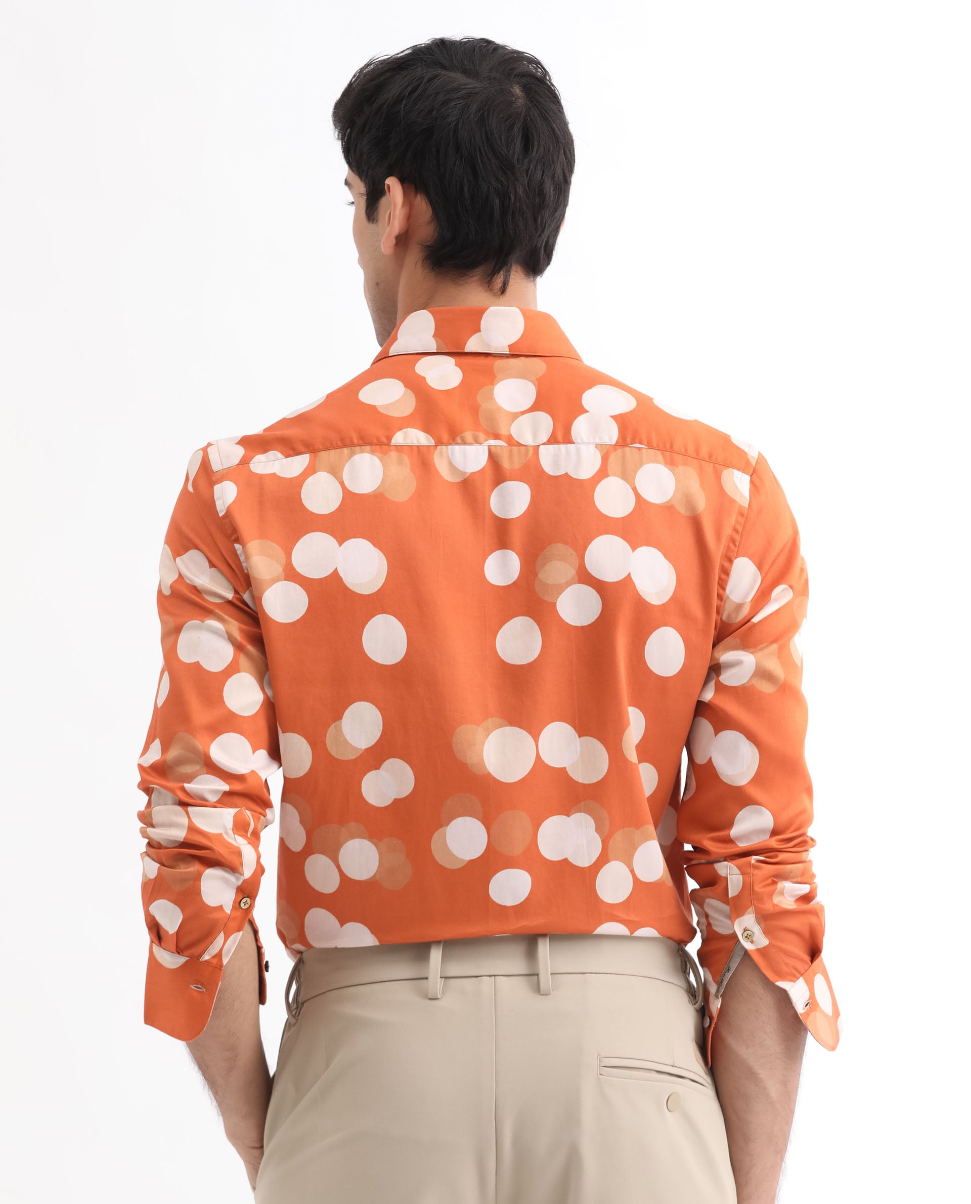 Rare Rabbit Men's Eldes Rust Cotton Modal Fabric Full Sleeves Polka Printed Shirt