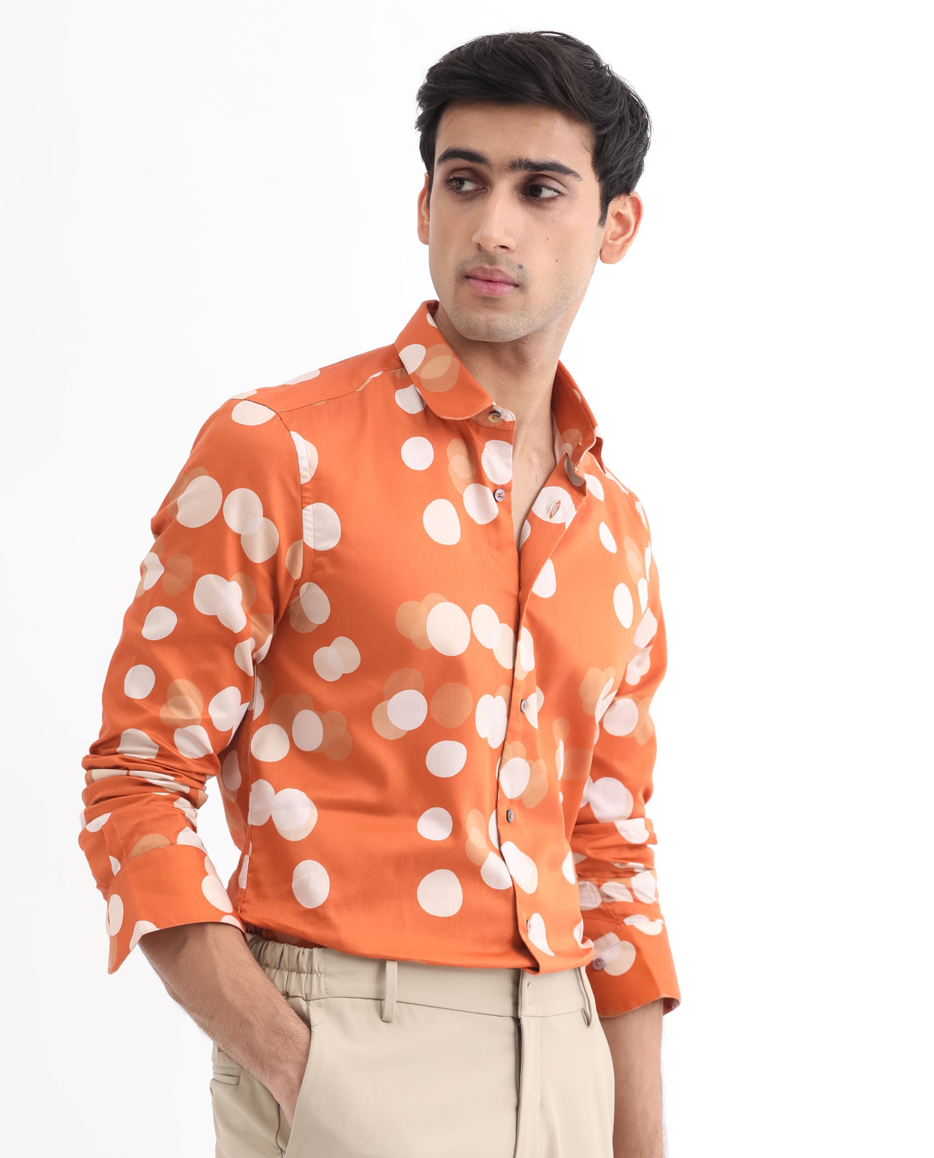 Rare Rabbit Men's Eldes Rust Cotton Modal Fabric Full Sleeves Polka Printed Shirt