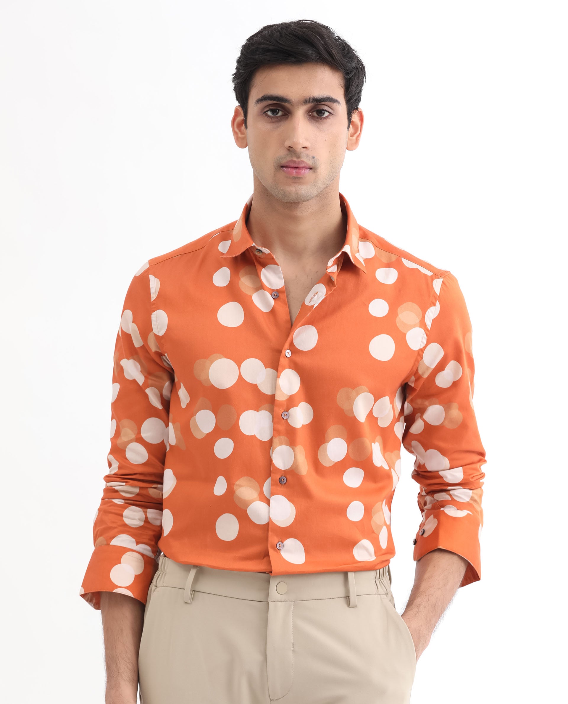Rare Rabbit Men's Eldes Rust Cotton Modal Fabric Full Sleeves Polka Printed Shirt