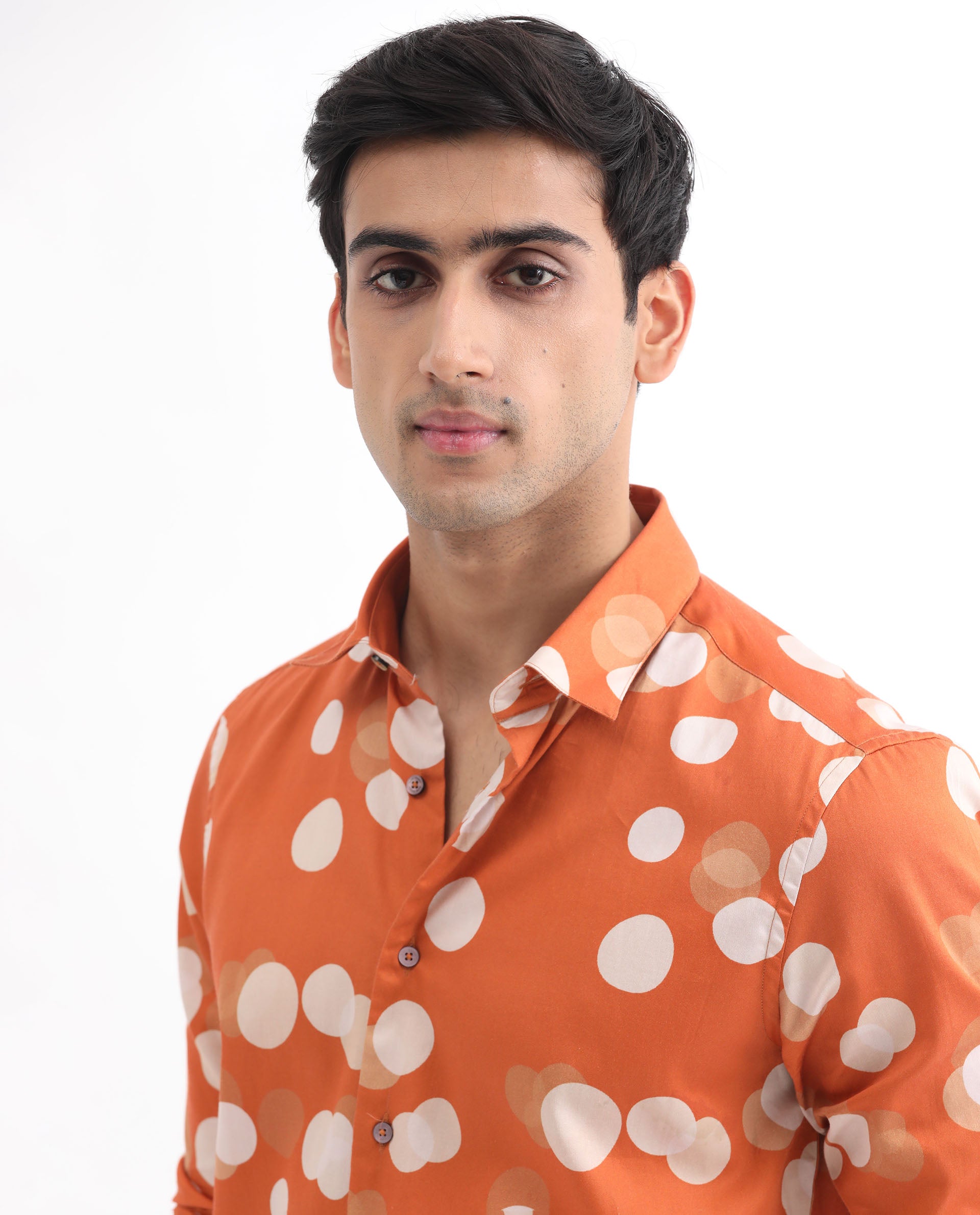 Rare Rabbit Men's Eldes Rust Cotton Modal Fabric Full Sleeves Polka Printed Shirt