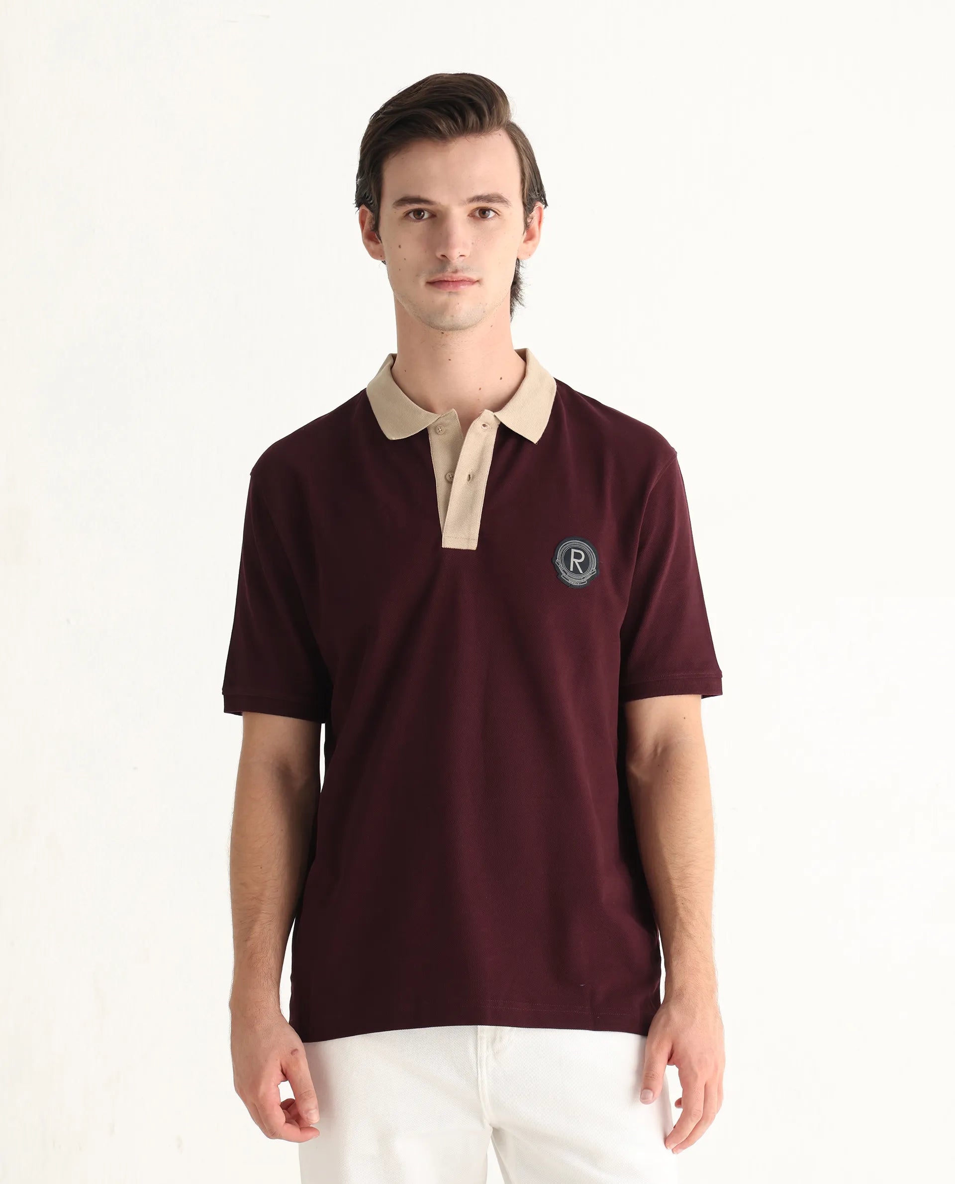 Rare Rabbit Men's Eldon Dark Maroon Cotton Plain Regular Fit Half Sleeve Polo