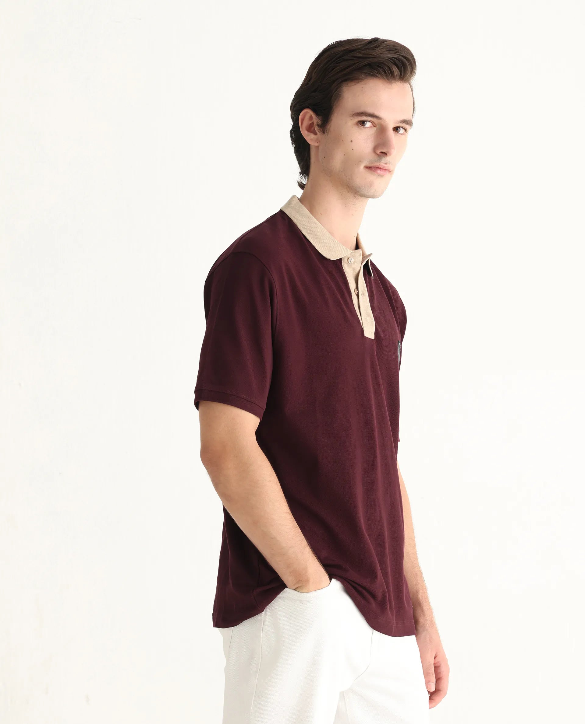 Rare Rabbit Men's Eldon Dark Maroon Cotton Plain Regular Fit Half Sleeve Polo