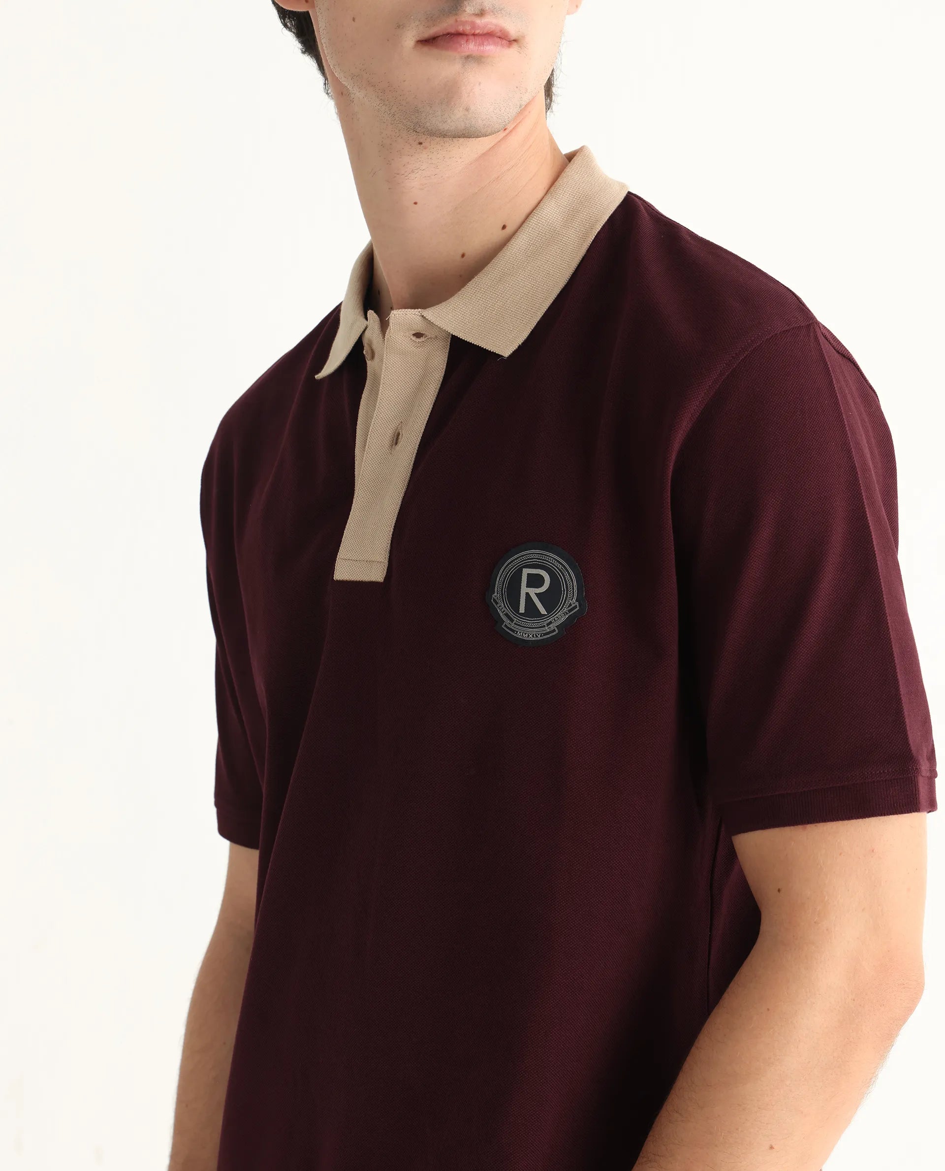 Rare Rabbit Men's Eldon Dark Maroon Cotton Plain Regular Fit Half Sleeve Polo