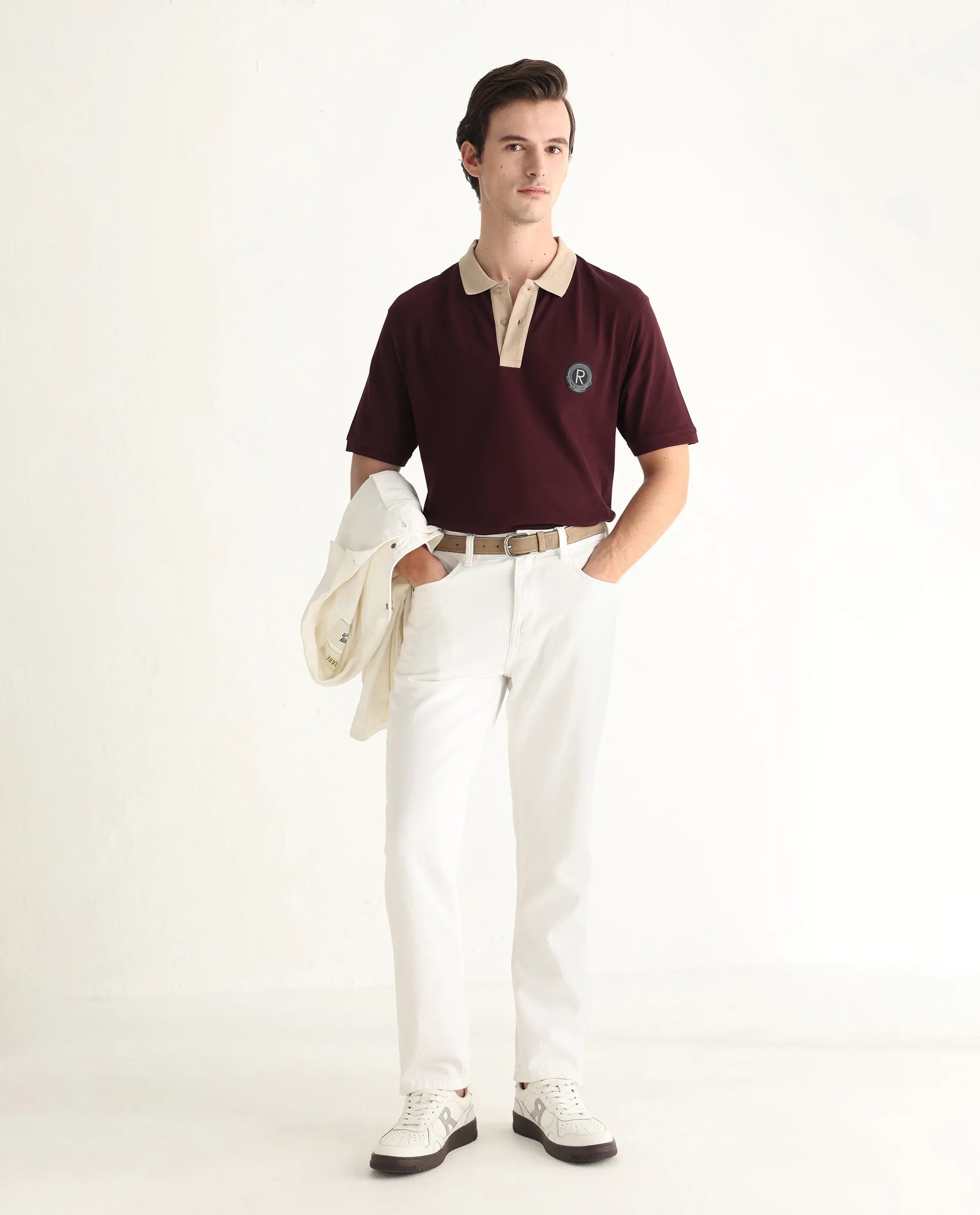 Rare Rabbit Men's Eldon Dark Maroon Cotton Plain Regular Fit Half Sleeve Polo
