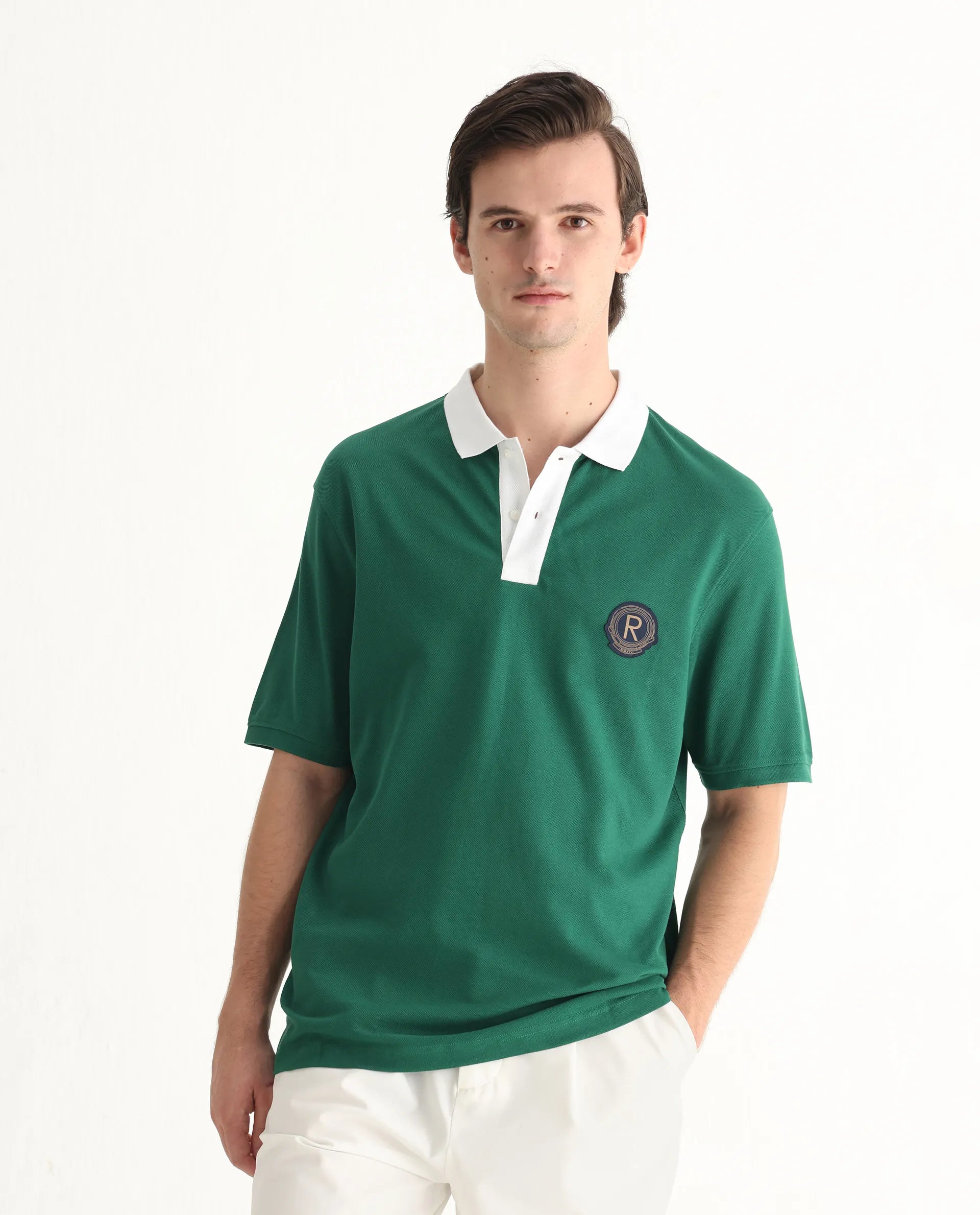 Rare Rabbit Men's Eldon Green Cotton Plain Regular Fit Half Sleeve Polo