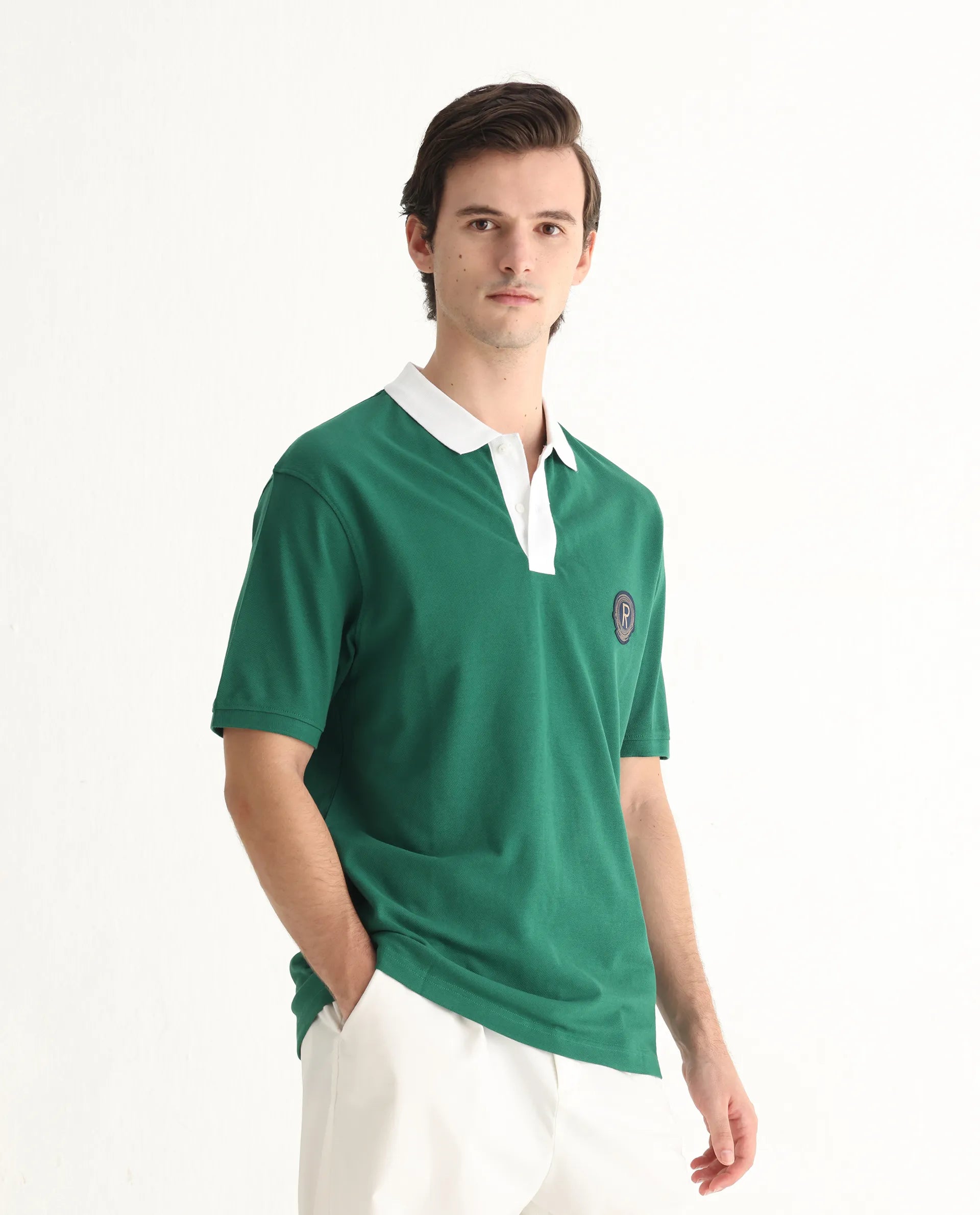 Rare Rabbit Men's Eldon Green Cotton Plain Regular Fit Half Sleeve Polo