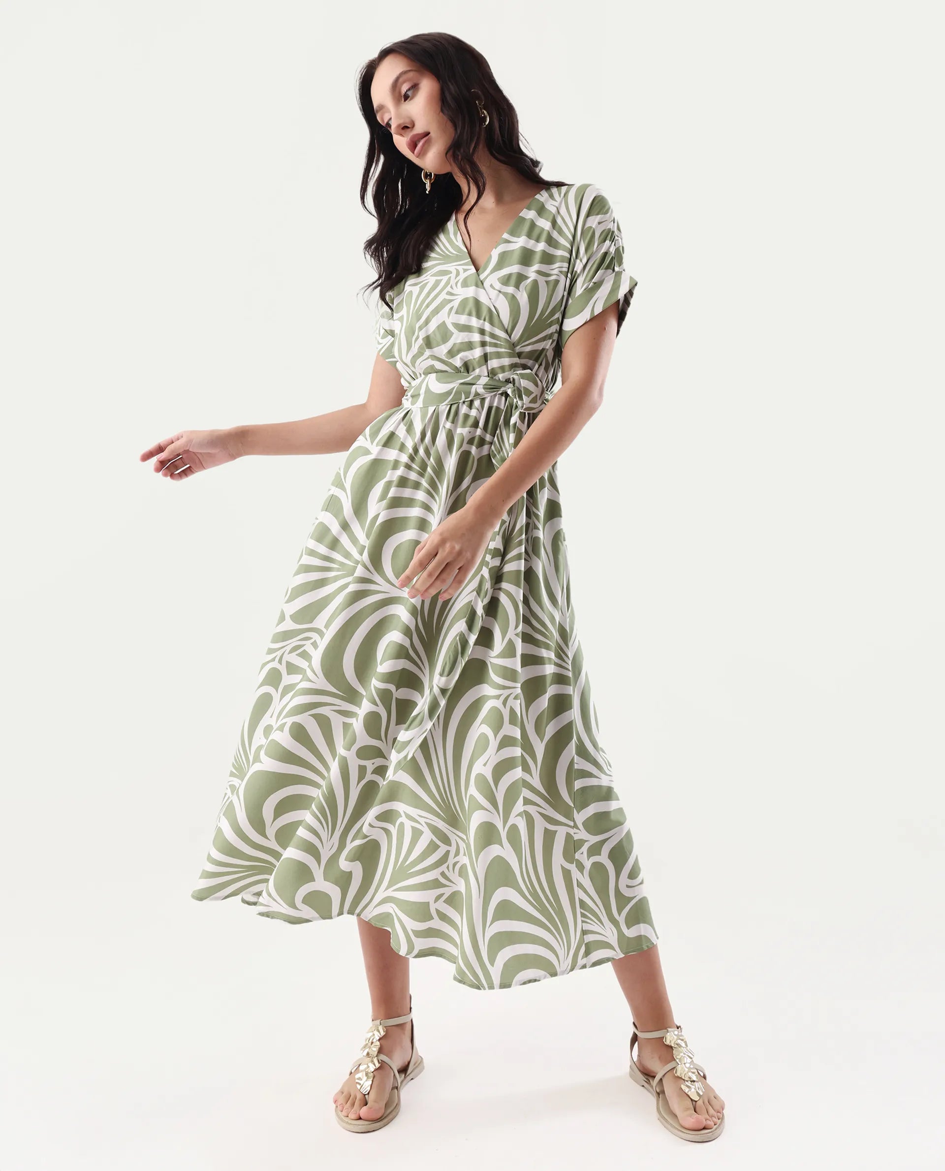 Rareism Women's Elean Olive Viscose Overlap Neck Flared Printed Midi Dress