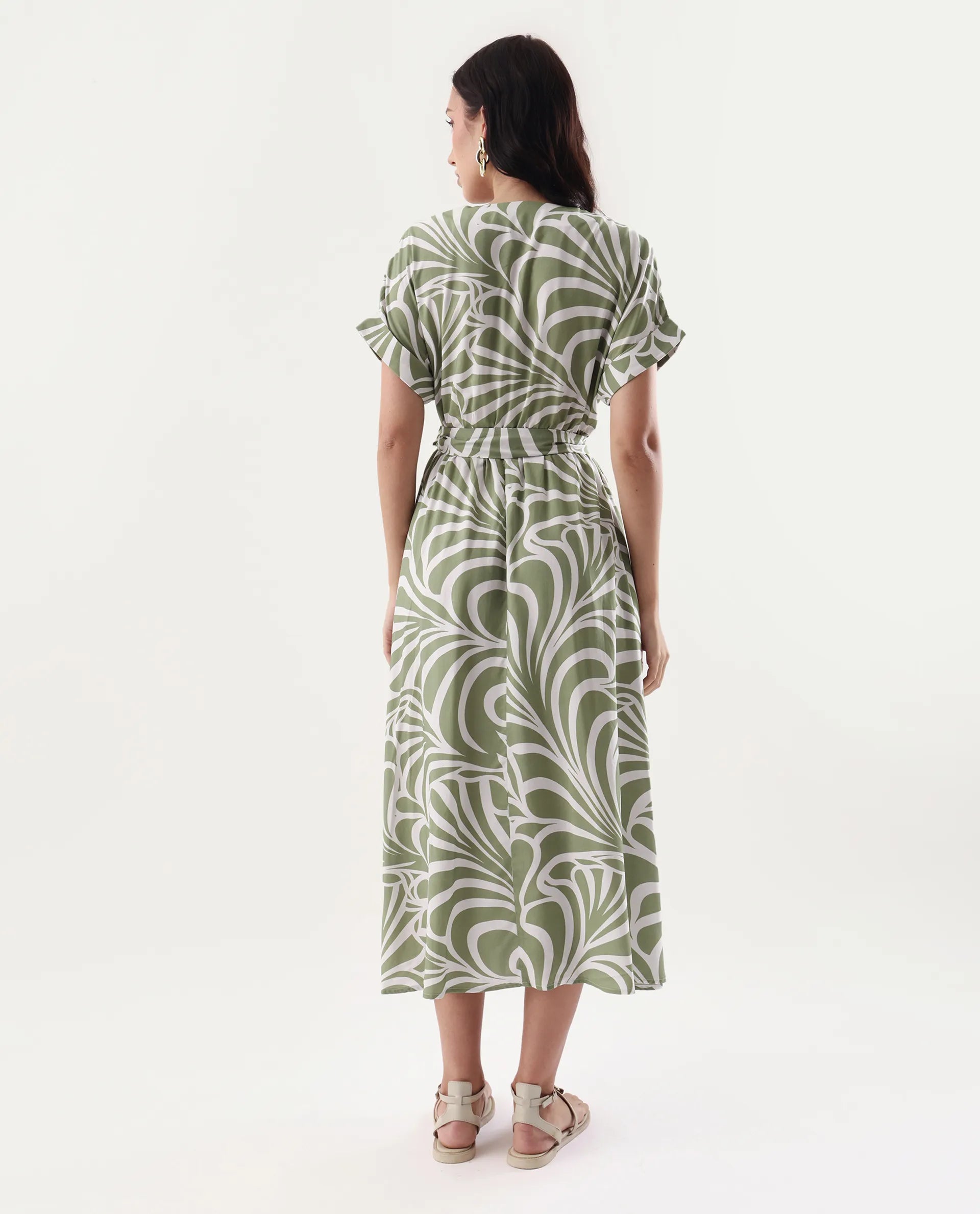 Rareism Women's Elean Olive Viscose Overlap Neck Flared Printed Midi Dress
