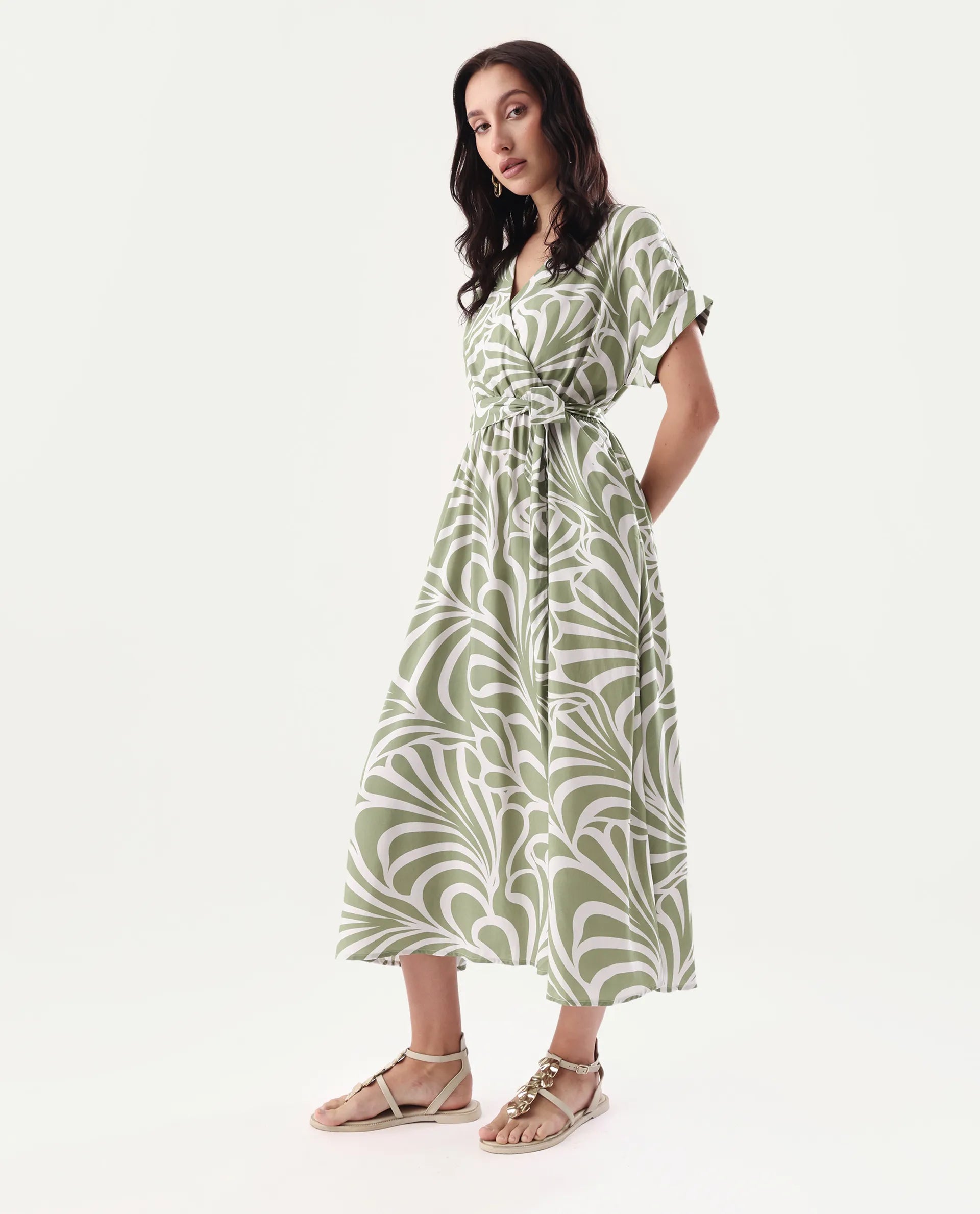 Rareism Women's Elean Olive Viscose Overlap Neck Flared Printed Midi Dress