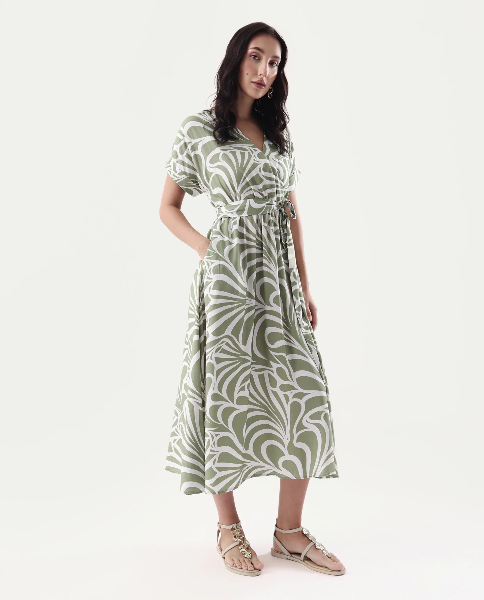 Rareism Women's Elean Olive Viscose Overlap Neck Flared Printed Midi Dress
