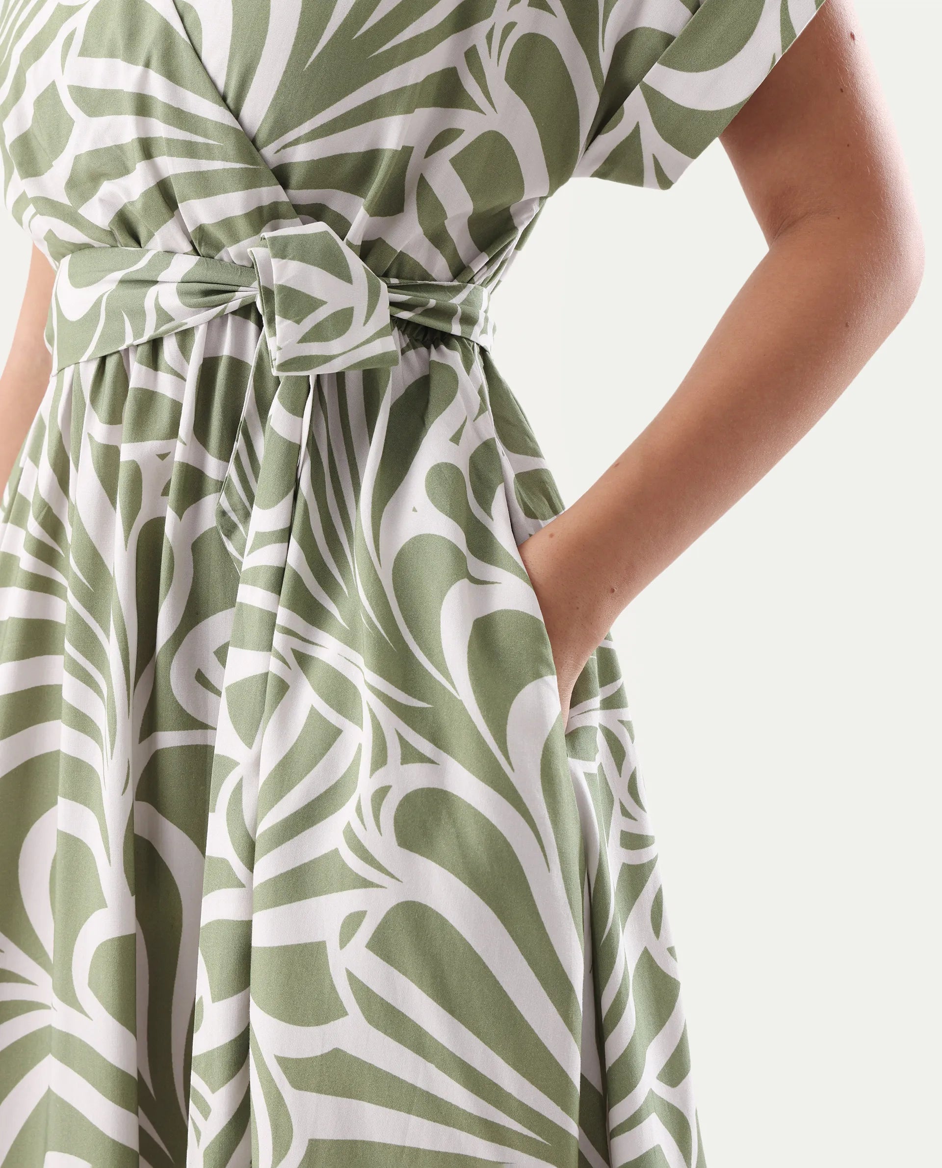 Rareism Women's Elean Olive Viscose Overlap Neck Flared Printed Midi Dress