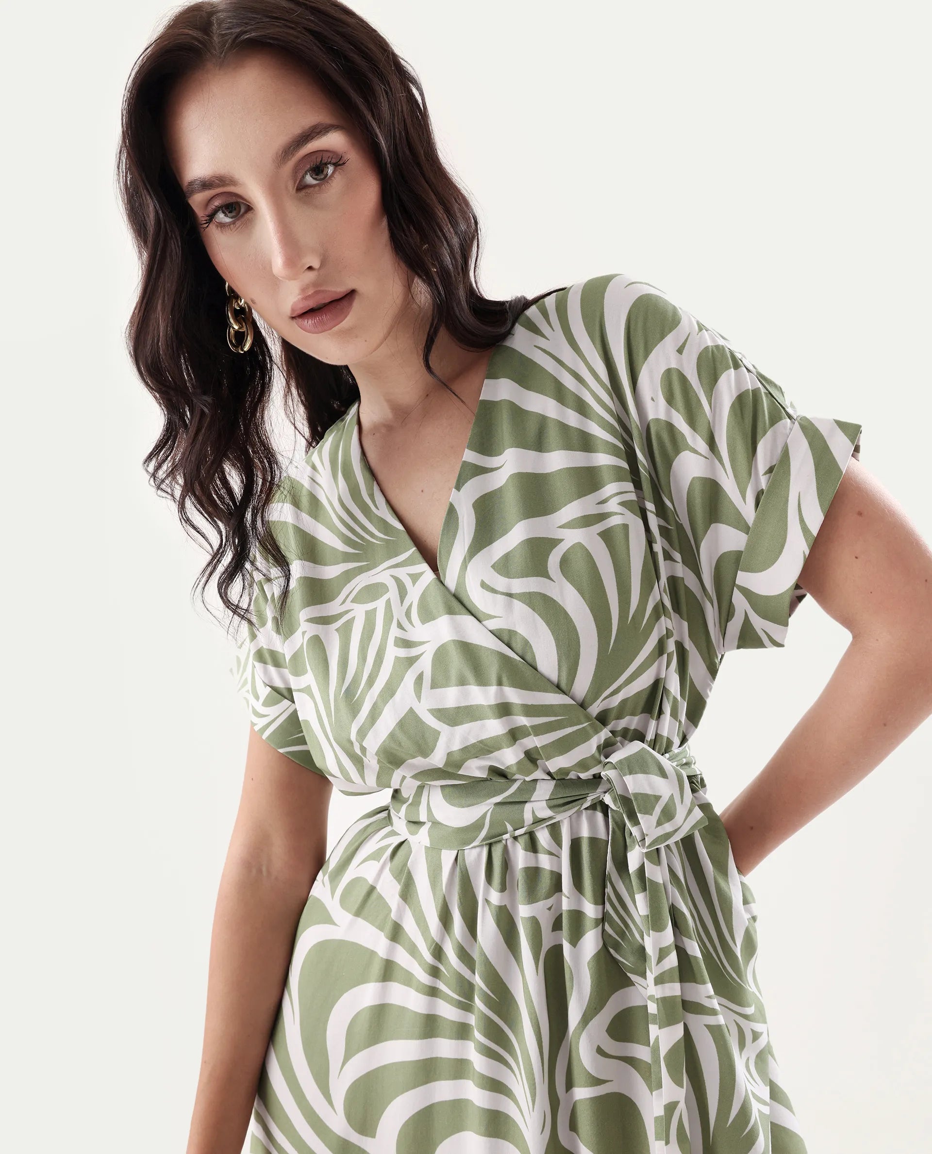 Rareism Women's Elean Olive Viscose Overlap Neck Flared Printed Midi Dress