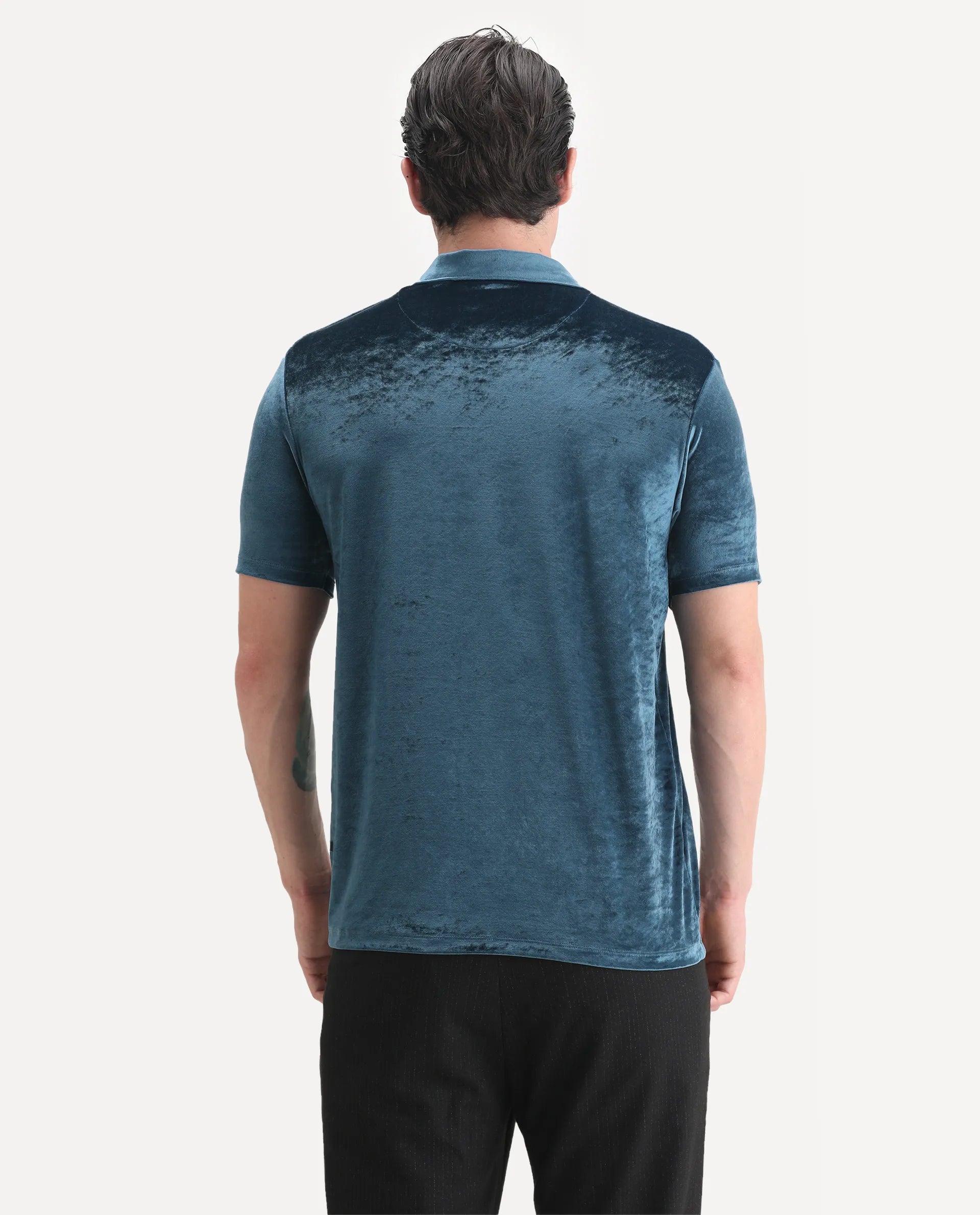 Rare Rabbit Men's Electro Teal Velvet Plain Regular Fit Half Sleeve Polo