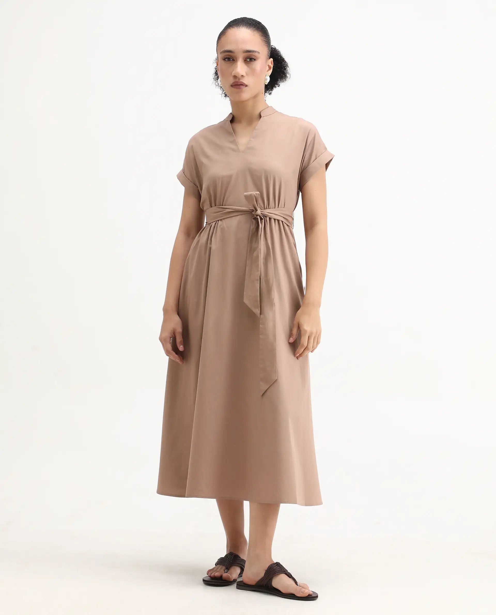 Rareism Women's Eleri Beige Polyester Extended Sleeves Mandarin Collar A-Line Fit Plain Midi Dress