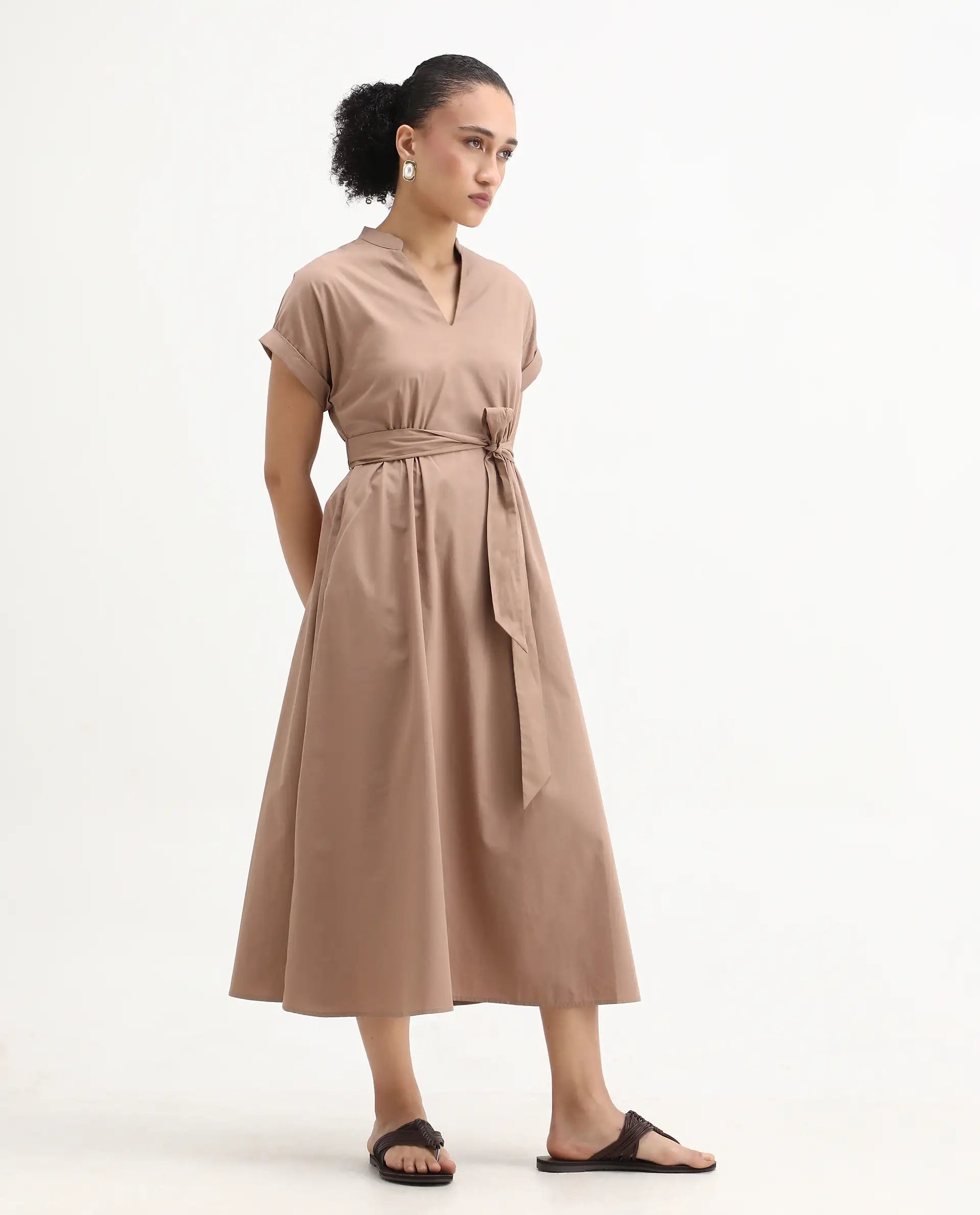 Rareism Women's Eleri Beige Polyester Extended Sleeves Mandarin Collar A-Line Fit Plain Midi Dress